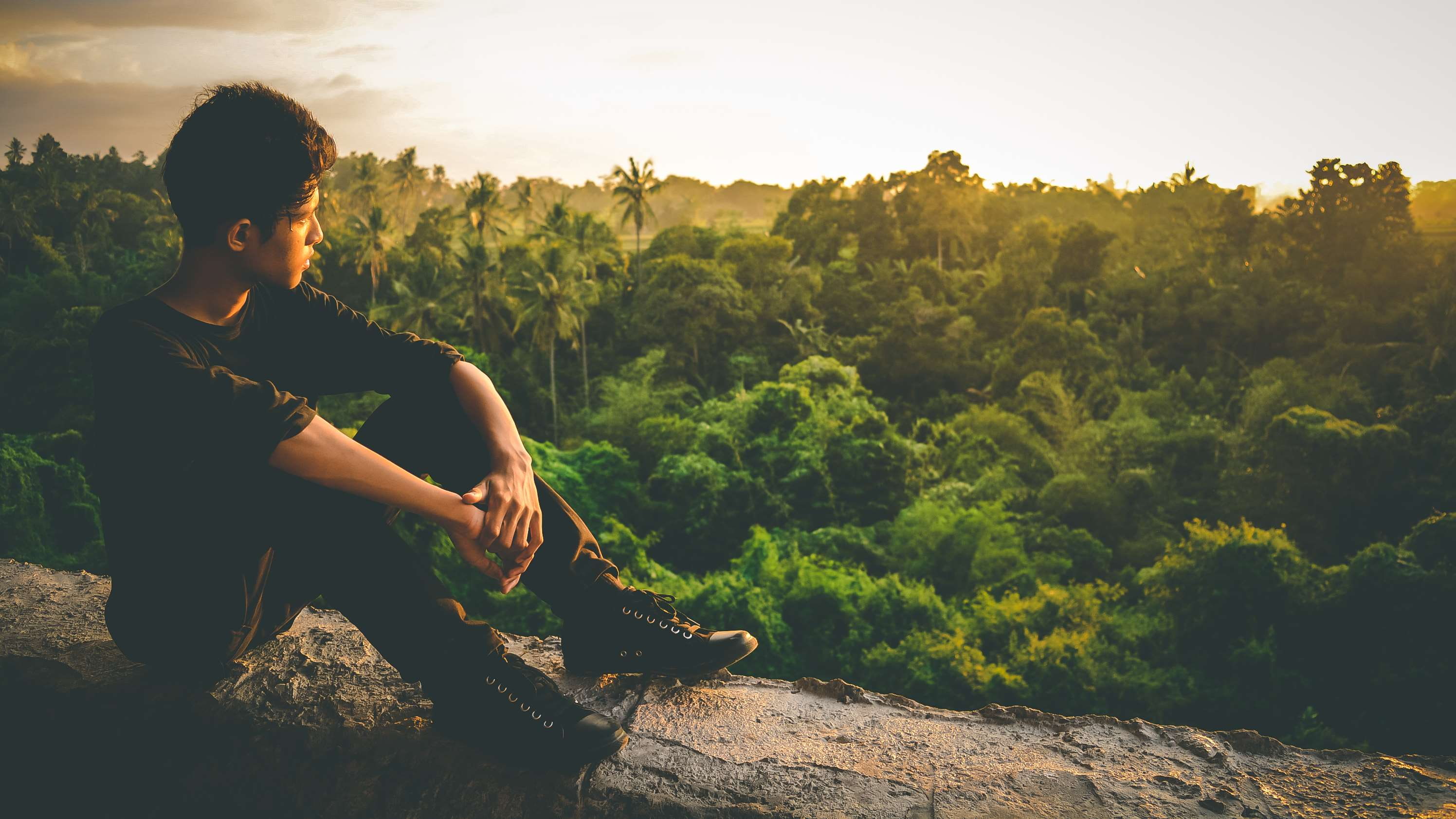looking at view, lanscape, outdoors, young adult, plant, hairstyle, gelgas, sitting, urban, 2K, relaxation, teenager, full length, contemplation, one person, HD Wallpaper