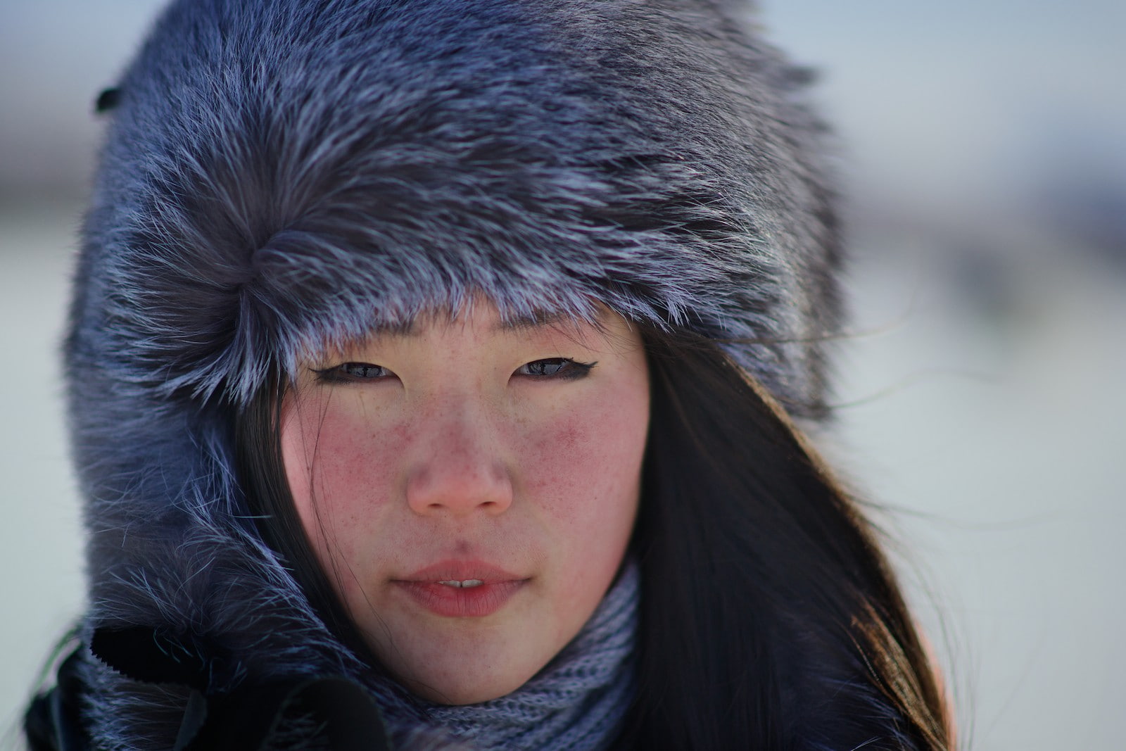720P, brunette, winter, women, Sakha, scarf, Asian, fur cap, HD Wallpaper