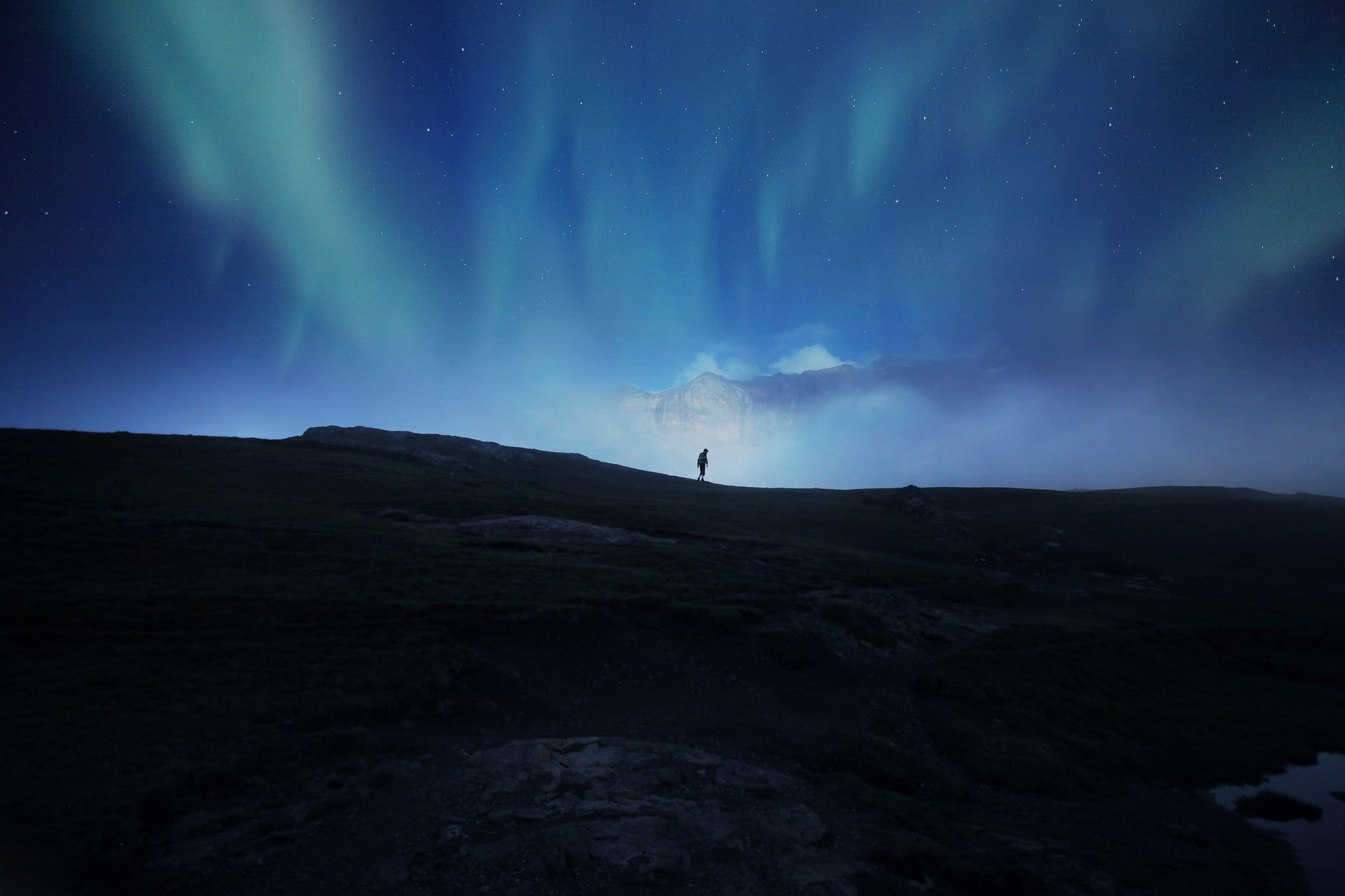 sky, environment, beauty in nature, low angle view, aurora, tranquility, astronomy, mountains, 1080P, mountain, green, nature, aurorae, photography, landscape, HD Wallpaper