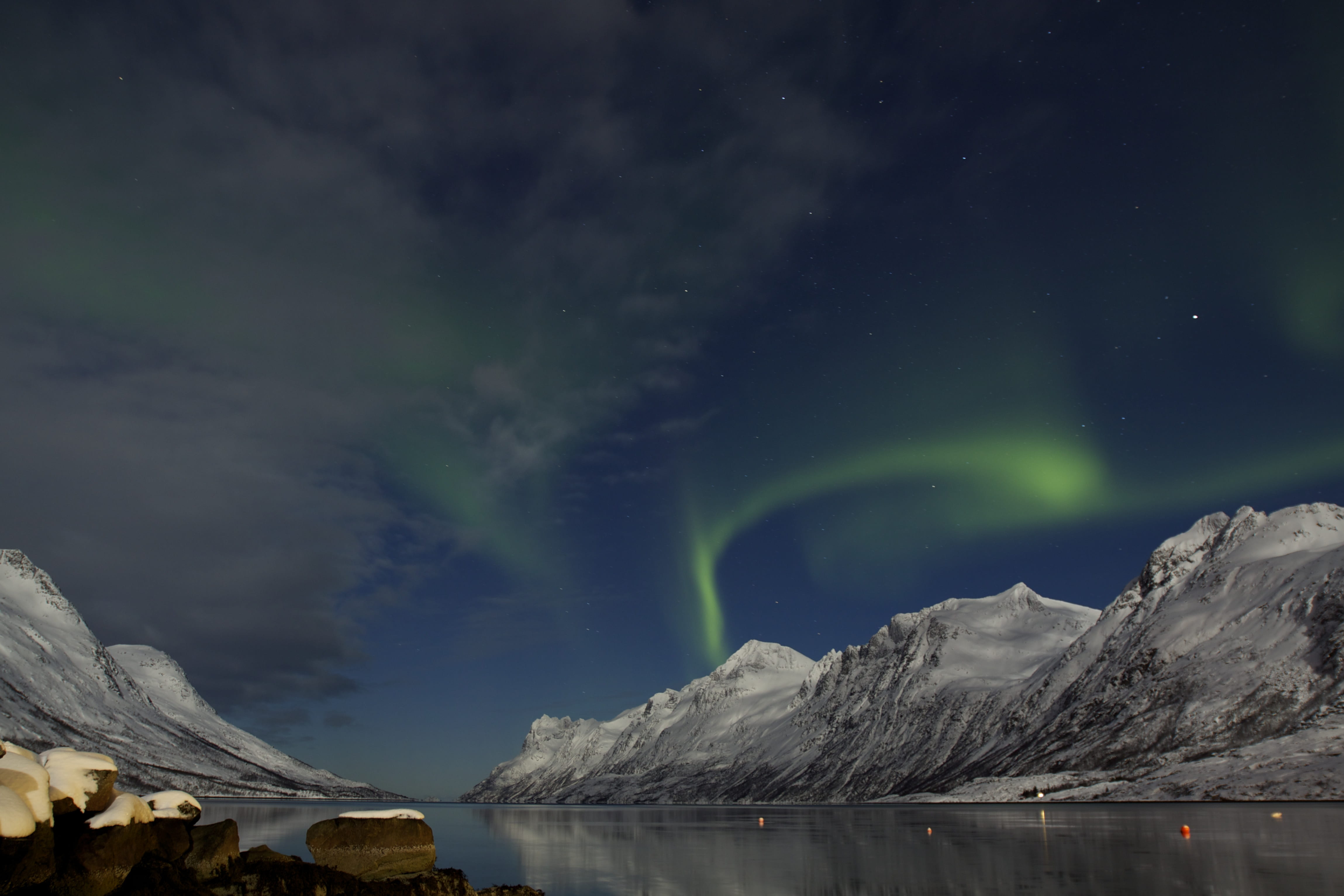 lake, photo, borialis, 4K, space, cold temperature, sky, water, environment, mountain, snowcapped mountain, green, aurora, scenics - nature, night, star - space, HD Wallpaper
