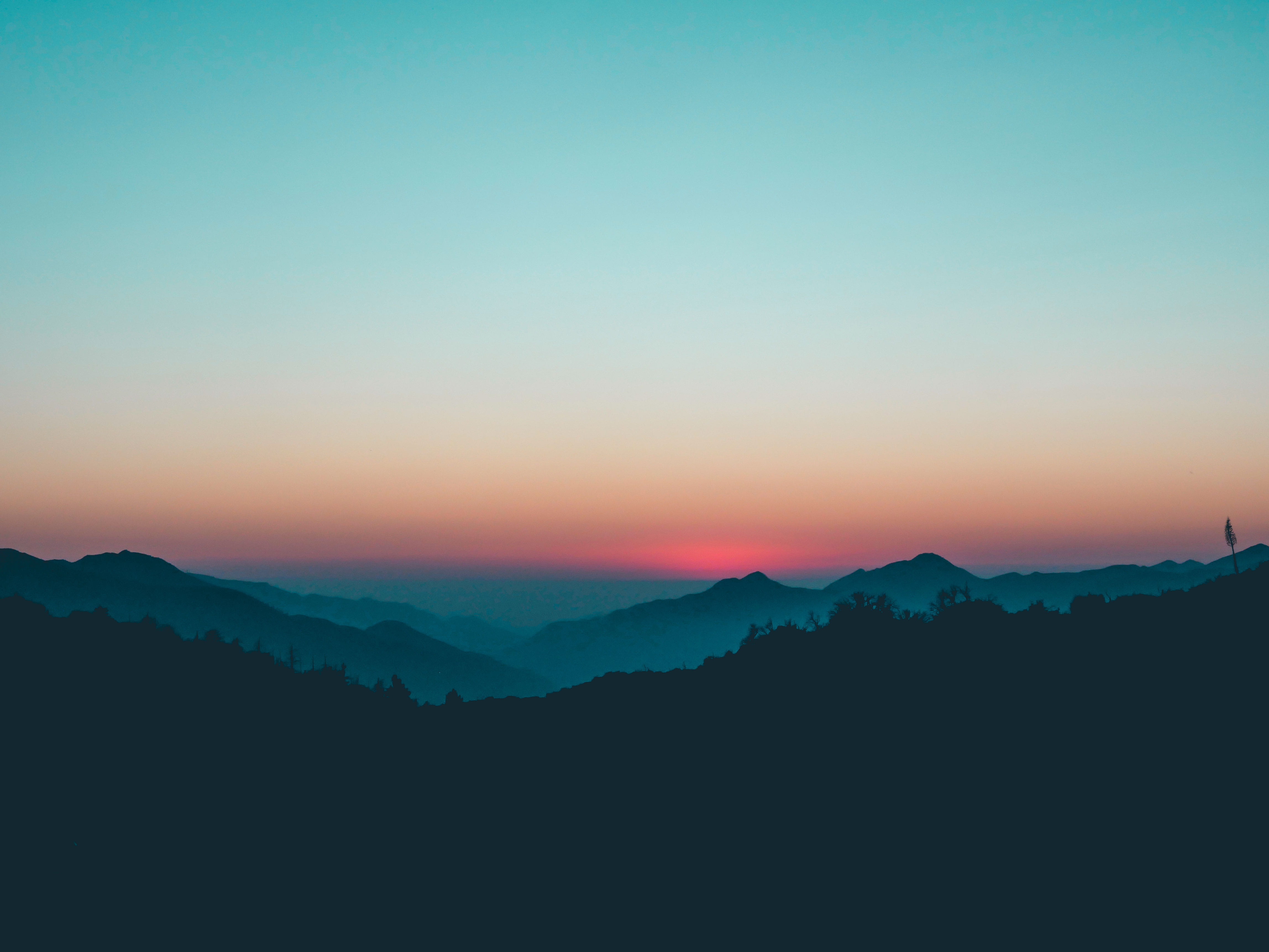mountains, mountain, no people, copy space, nature, clear sky, sky, orange color, scenics - nature, teal, landscape, environment, outdoors, dawn, mountain peak, HD Wallpaper