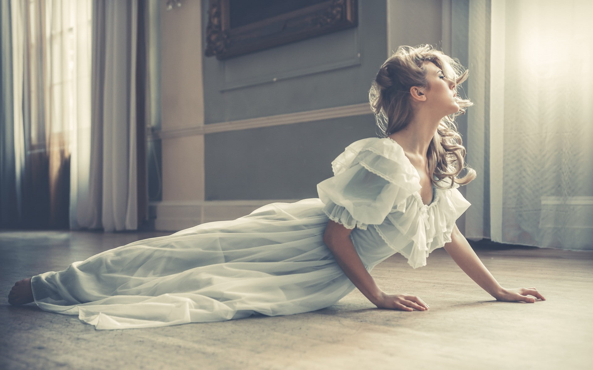 Raphaella McNamara, 1080P, window, white dress, model, blonde, women, HD Wallpaper