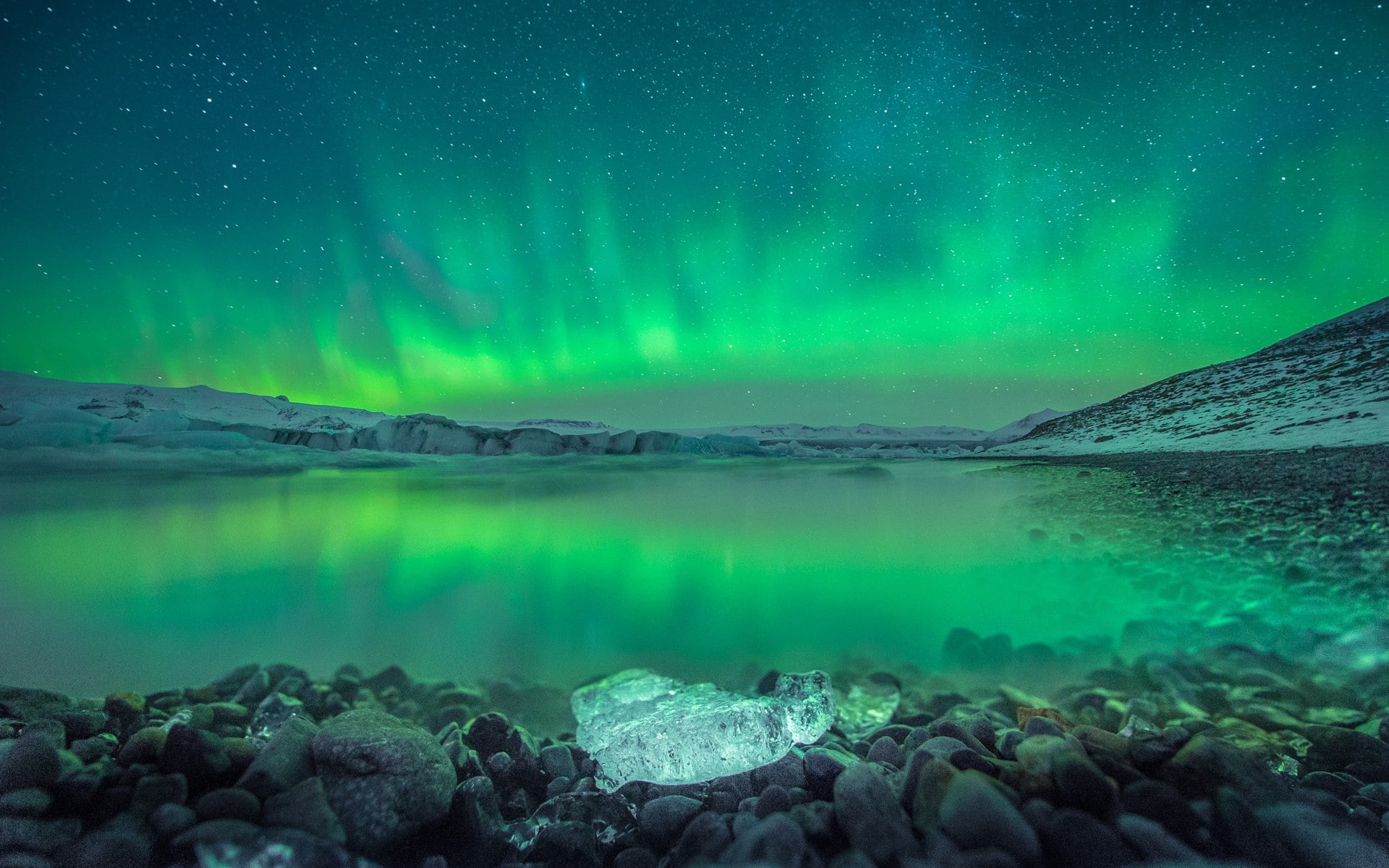 night, aurorae, scenics - nature, ice, reflection, beauty in nature, water, landscape, mountain, nature, star - space, tranquility, no people, tranquil scene, HD Wallpaper