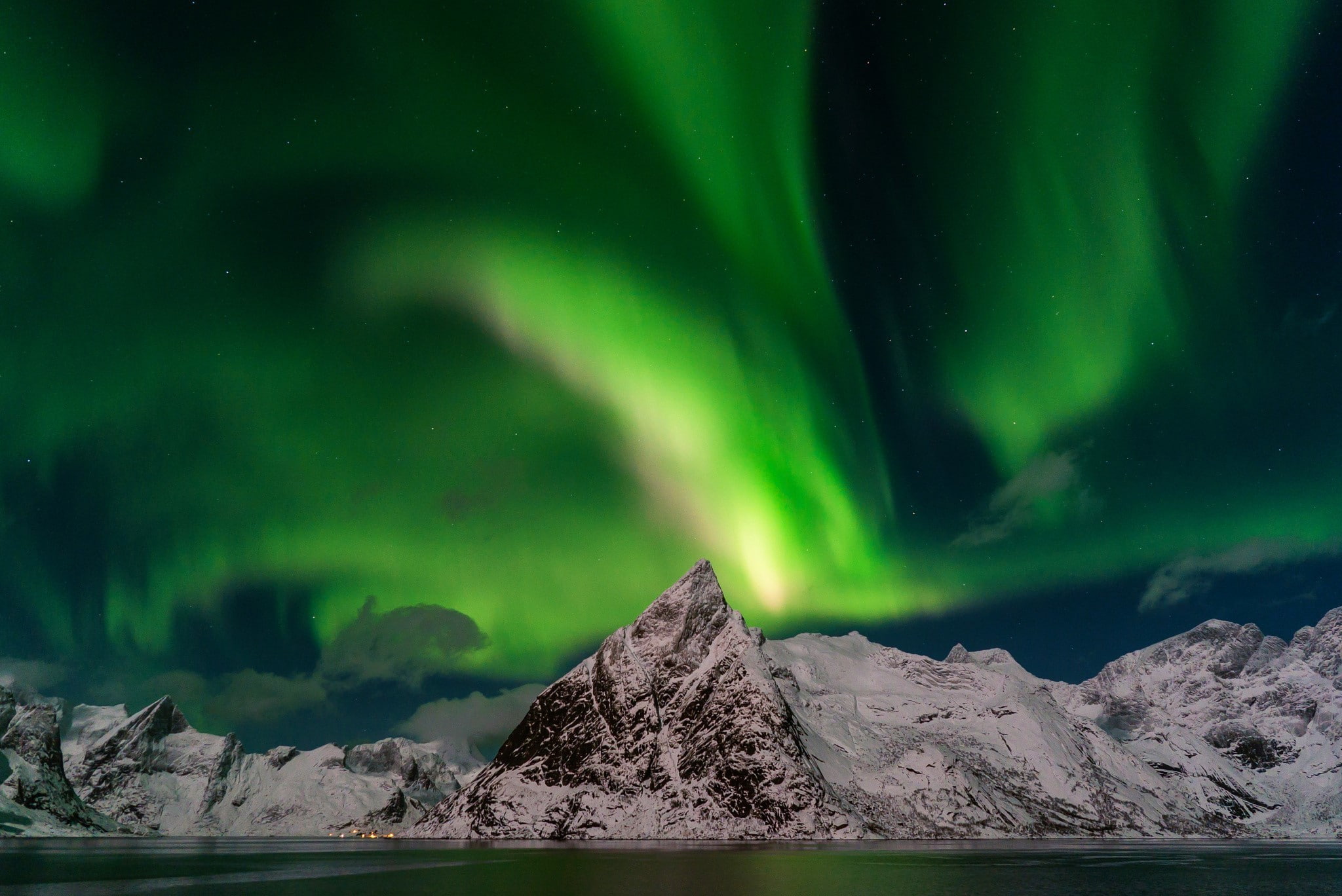 sky, aurora polaris, environment, star - space, cold temperature, green color, dramatic sky, mountain, snowcapped mountain, landscape, Arctic, tranquil scene, HD Wallpaper