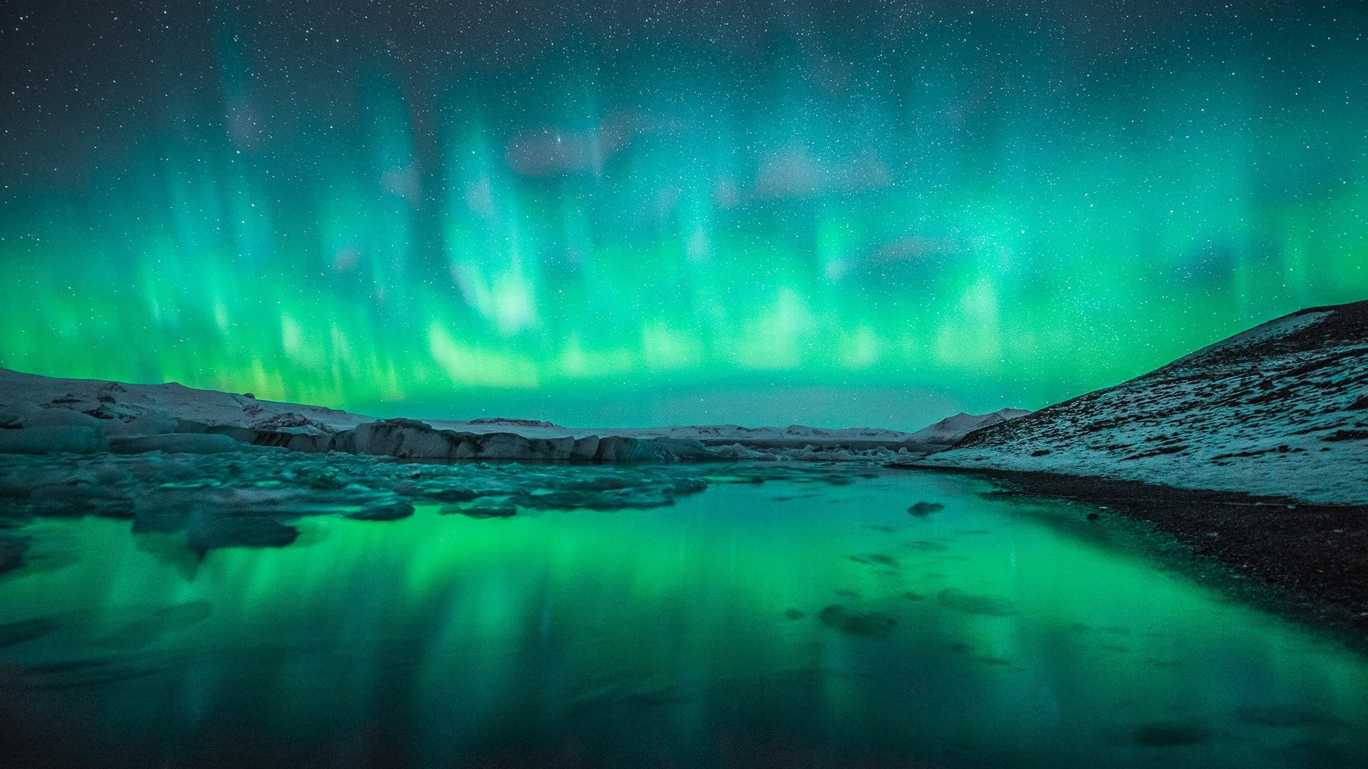 tranquility, aurorae, 1080P, frozen, scenics - nature, glacier, sky, snow, nature, ice, green color, landscape, aurora polaris, tranquil scene, lagoon, HD Wallpaper