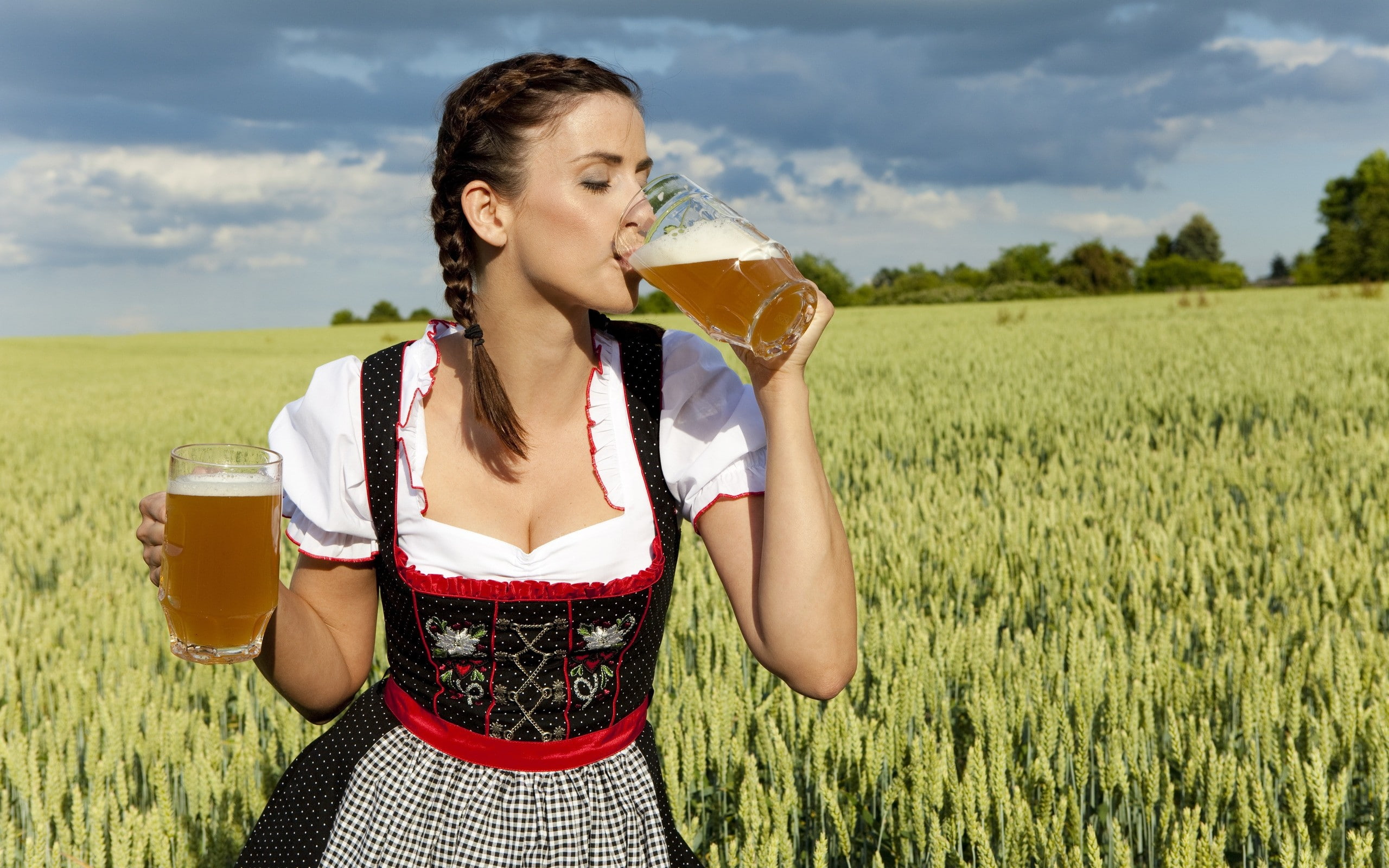beers, cleavage, 2K, nature, fields, x, hd, women, country, art, dirndl, HD Wallpaper