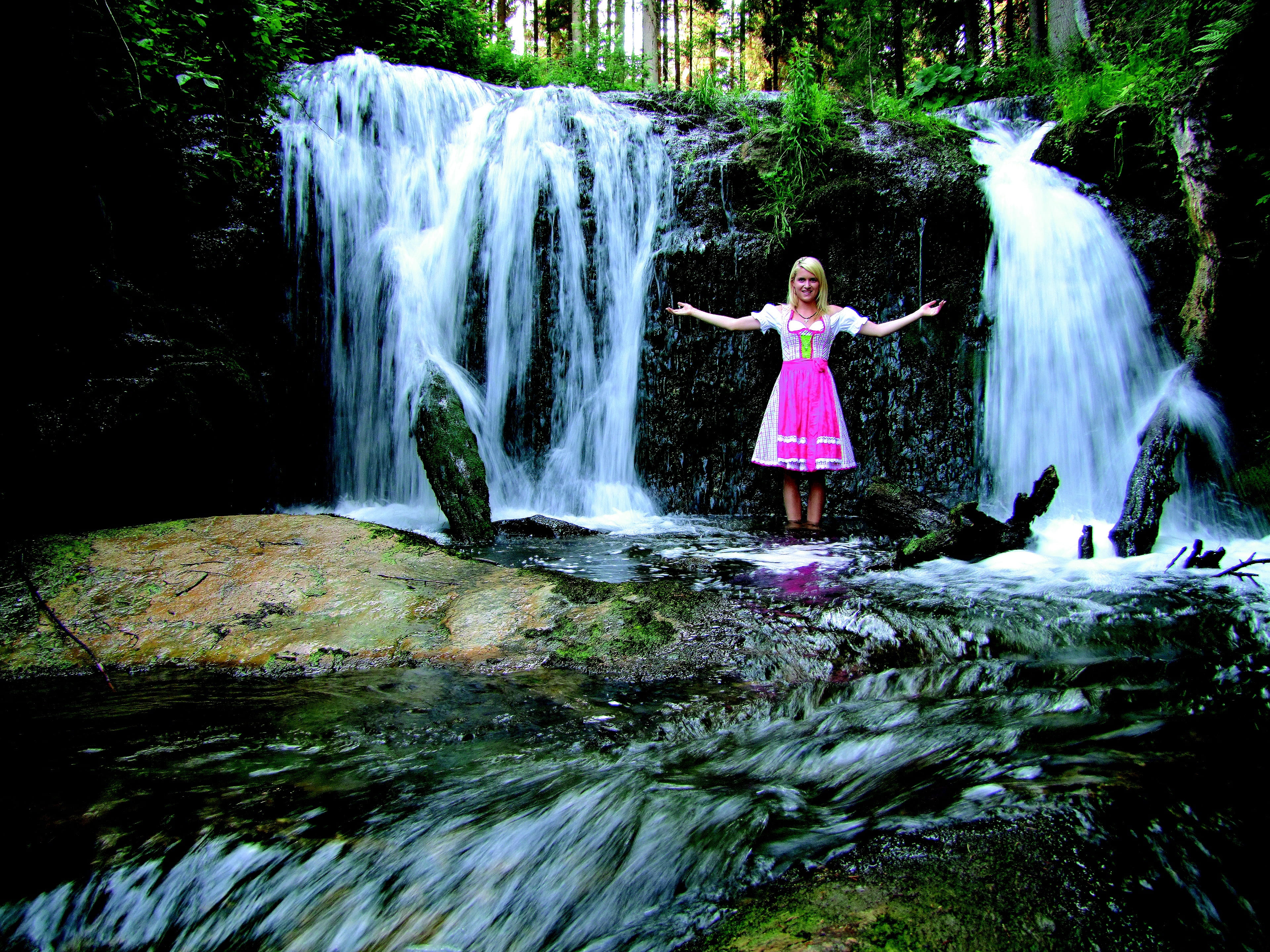 front view, women, flowing, girl, pretty, long exposure, outdoors, young adult, flowing water, human arm, one person, arms raised, rock - object, beauty in nature, HD Wallpaper