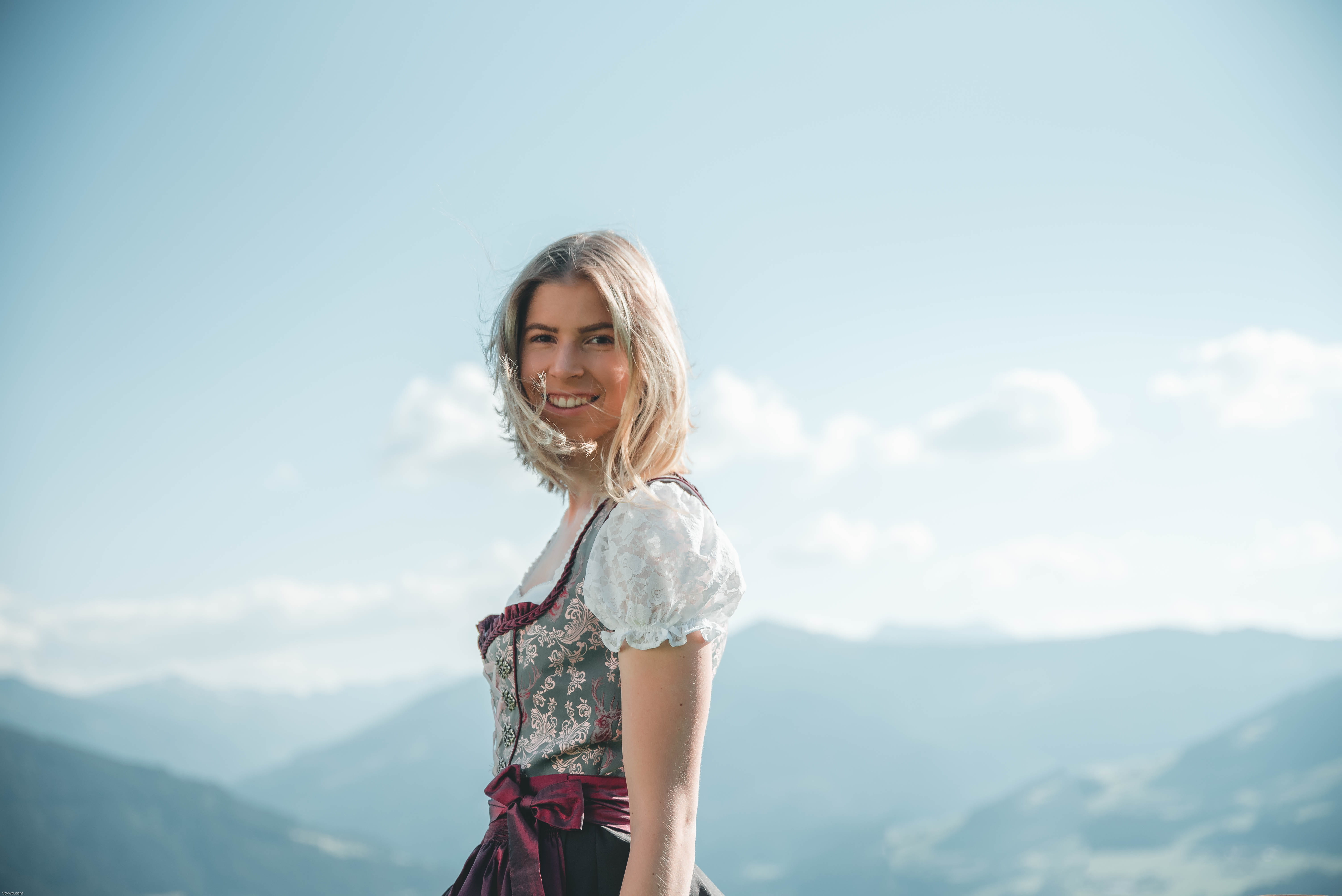 smiling, shoulder, scenics - nature, person, floral, happiness, looking at camera, fashion, day, dress, mountain range, beauty, hair, beautiful, beauty in nature, HD Wallpaper