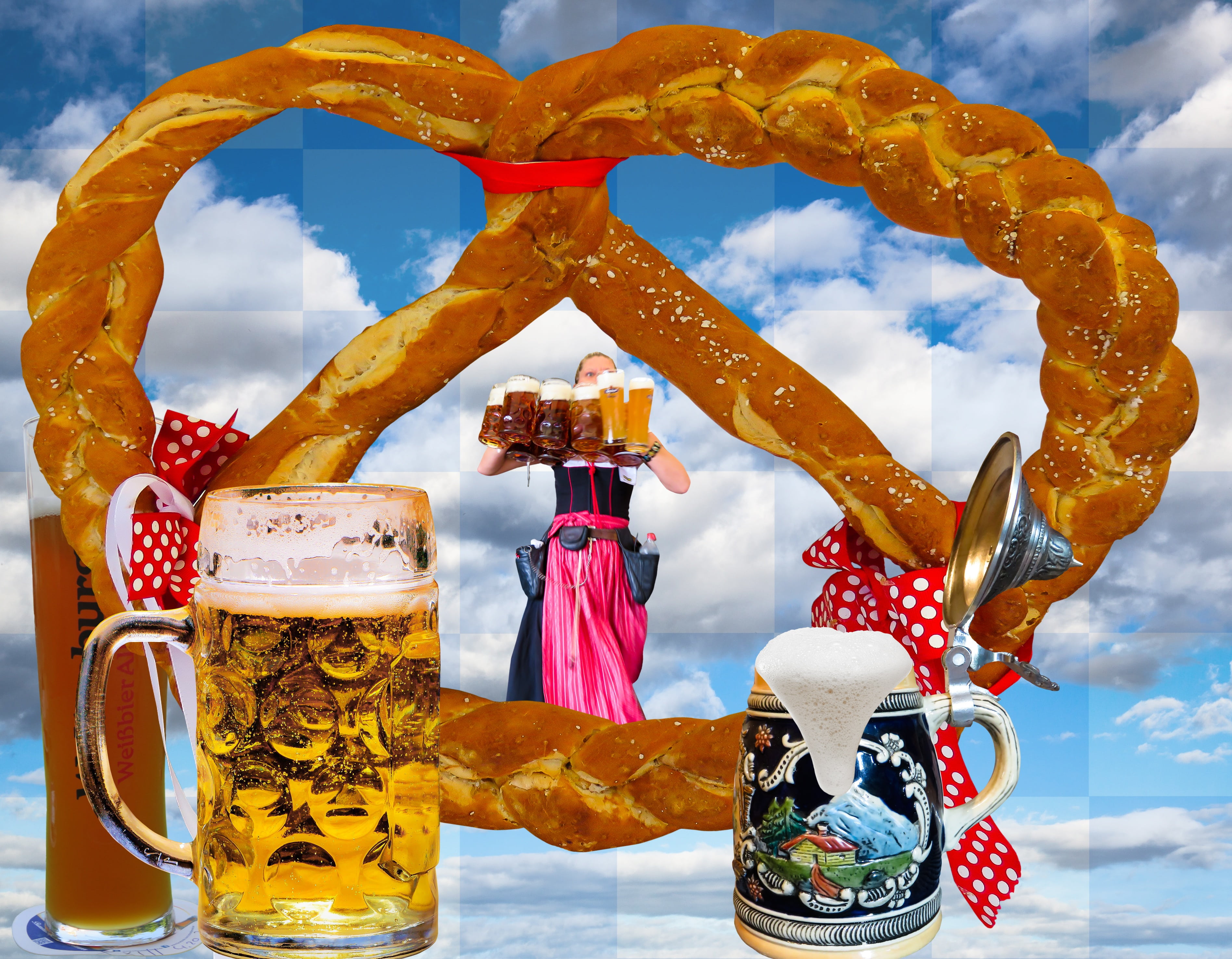 beer, celebration, tradition, ozapft is, delicious, wheat beer, cloud - sky, no people, blue white, celebrate, steins, sky, clouds, bear, food, costume, HD Wallpaper