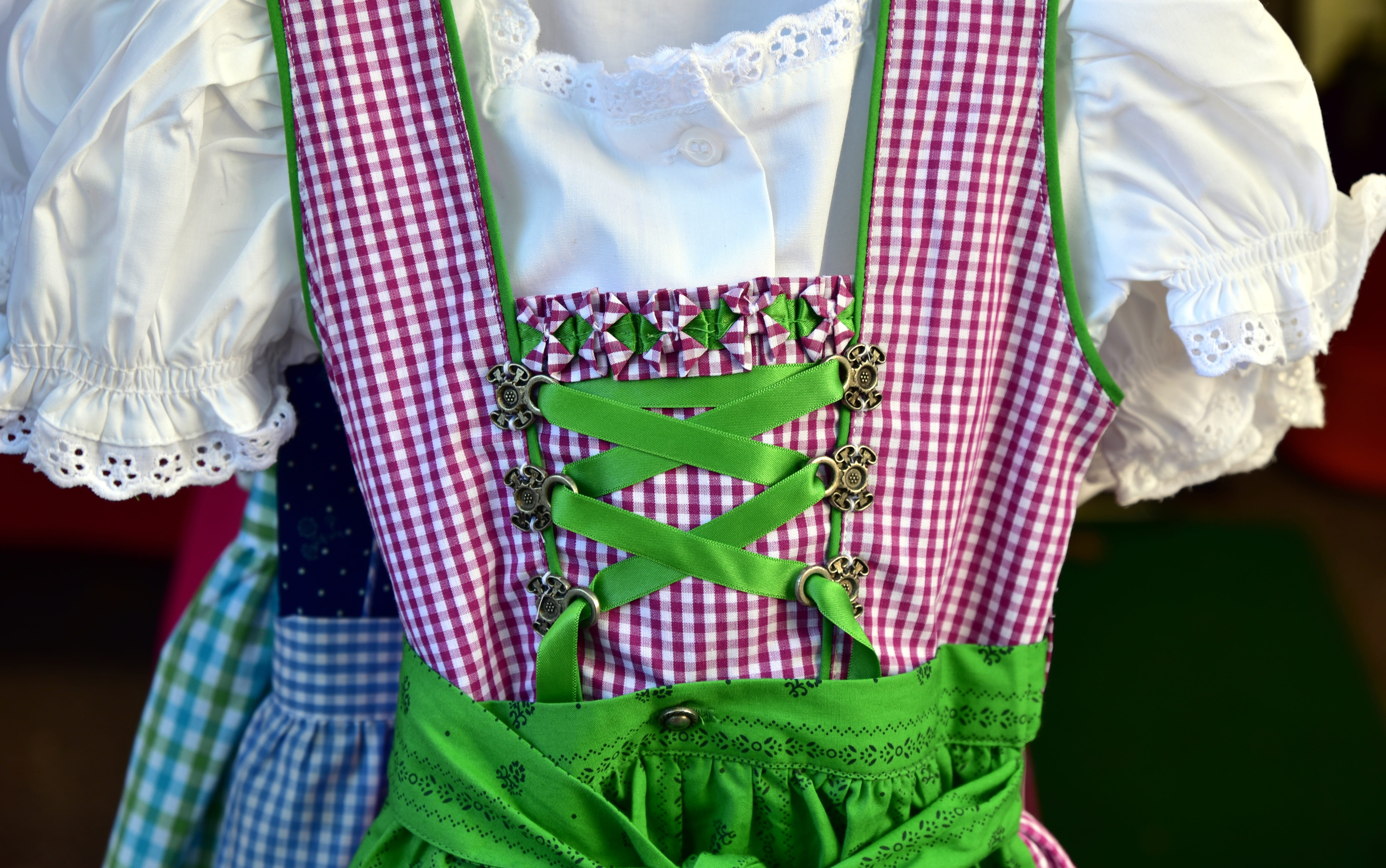tradition, dirndl, clothing, green color, focus on foreground, fashion, adult, costume, close up, front view, pattern, sale, textile, midsection, womens clothing, HD Wallpaper