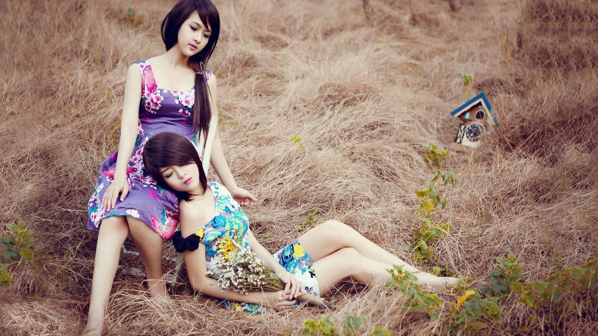 asian, floral, women, woman, sundress, blue, yellow, s, girls, dress, 1920x1080, hay, 1080P, HD Wallpaper