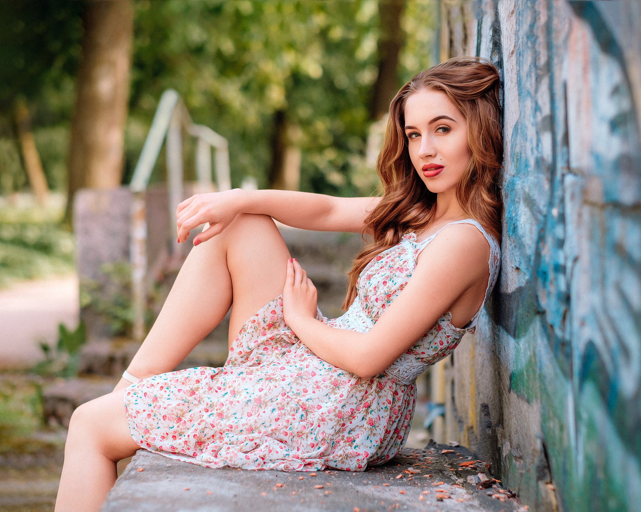 brunette, fashion, hair, hairstyle, looking at camera, sundress, outdoors, lifestyles, depth of field, women, dress, sitting, long hair, beauty, floral pattern, HD Wallpaper