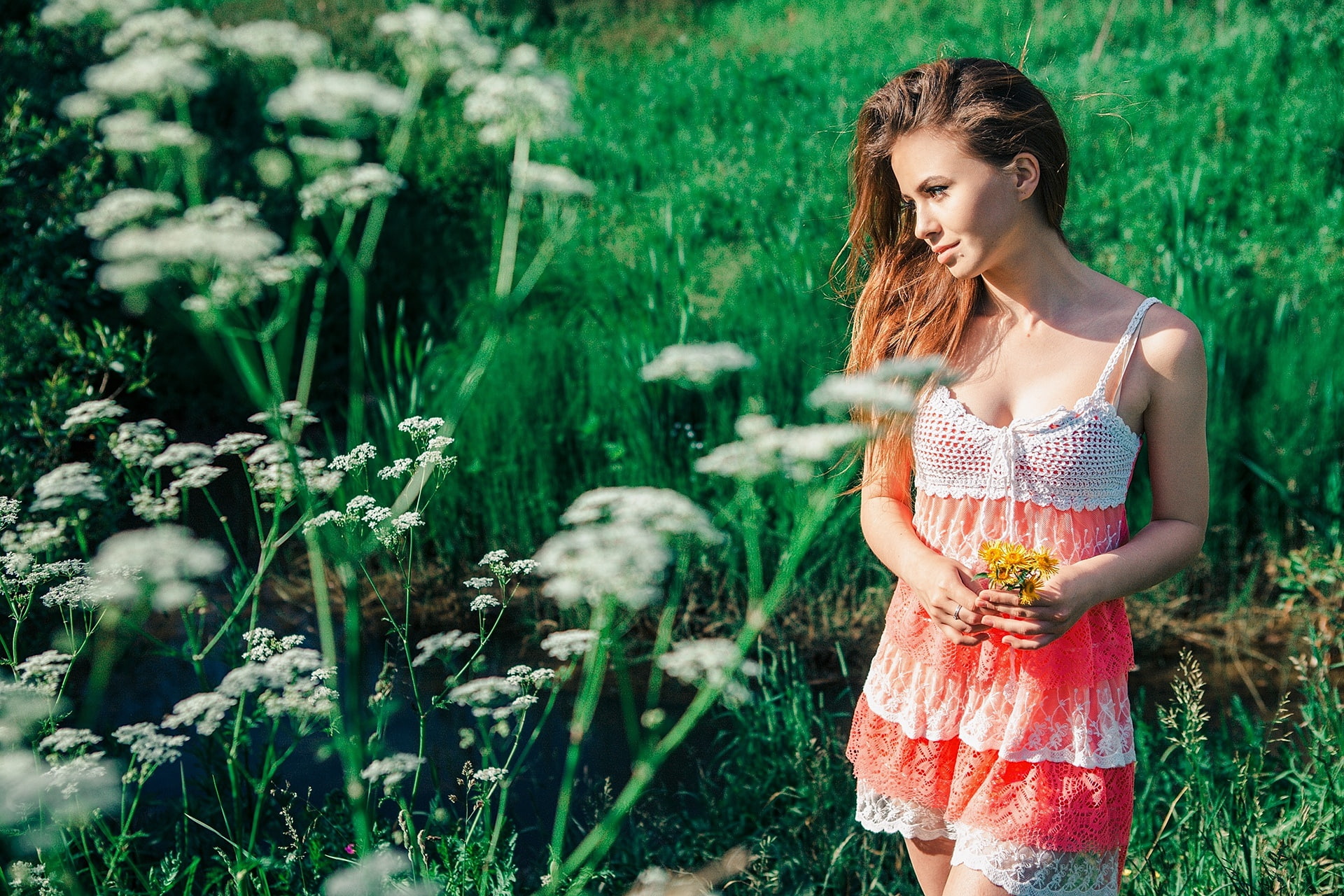 adult, outdoors, women outdoors, hairstyle, clothing, nature, contemplation, young adult, long hair, dress, one person, plant, fashion, flowers, beautiful woman, HD Wallpaper