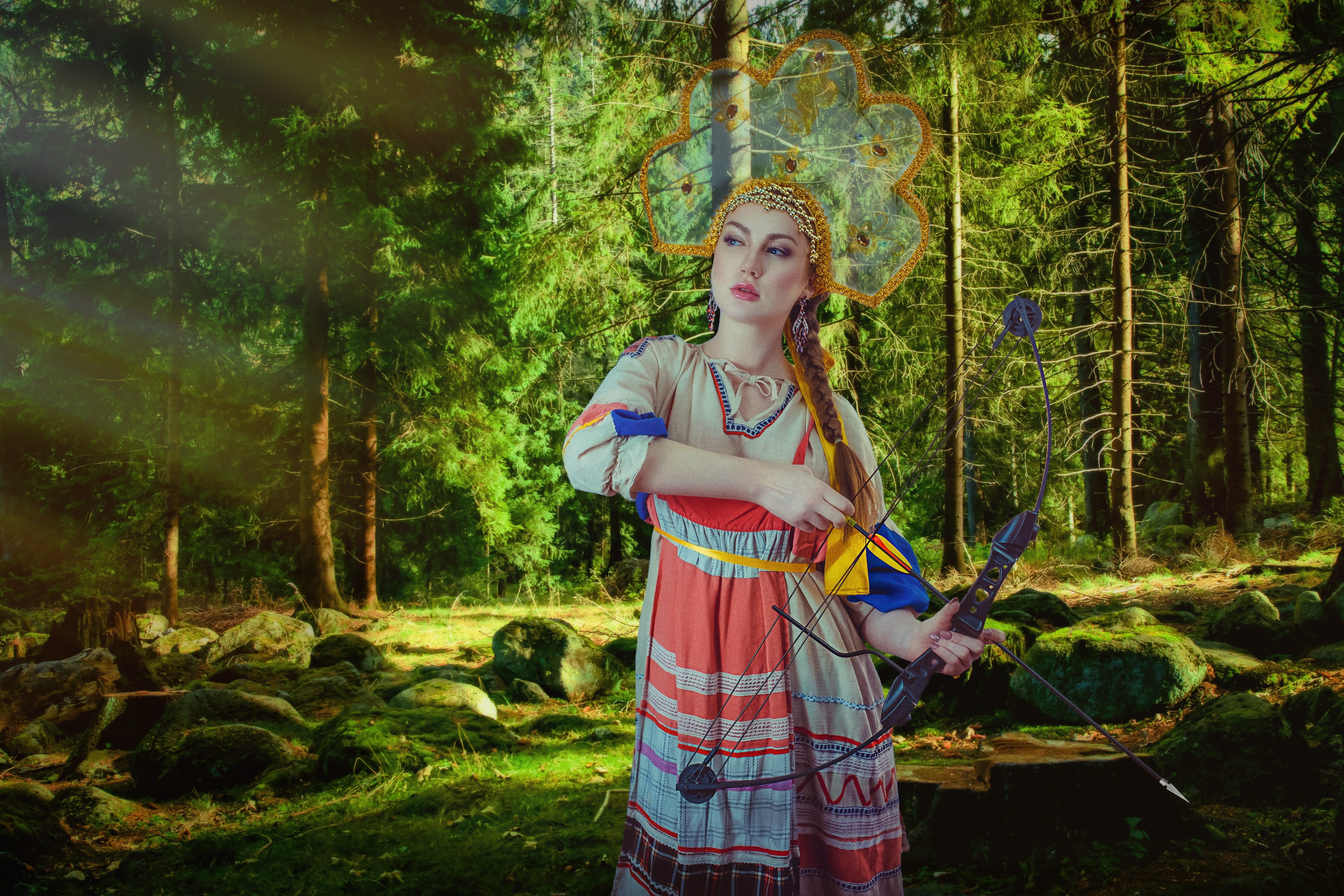 day, contemplation, russian, portrait of a girl, view, lifestyles, young adult, arrow, plant, one person, photoshoot, bow, story, three quarter length, HD Wallpaper