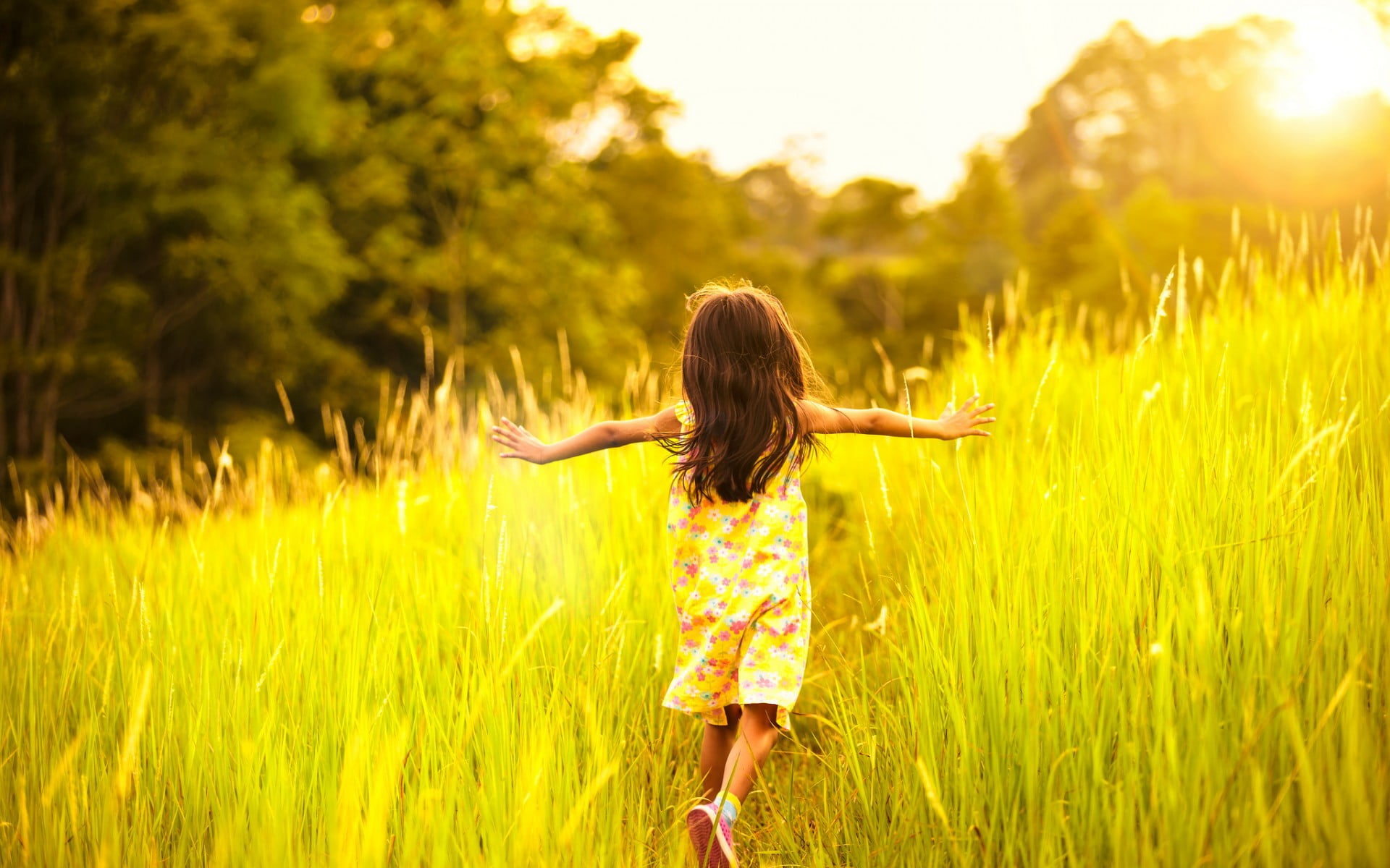 land, human arm, yellow, carefree, girl, arms outstretched, sunset, sundress, outdoors, casual clothing, fashion, s, human limb, plant, running, sky, long hair, HD Wallpaper