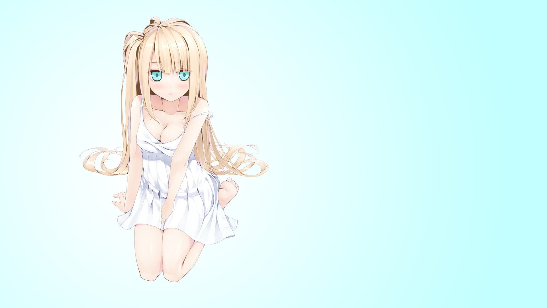 ponytail, simple, background, girls, summer, barefoot, dress, gradient, hair, side, anime, long, 1080P, sundress, original, blondes, cleavage, blue, eyes, HD Wallpaper