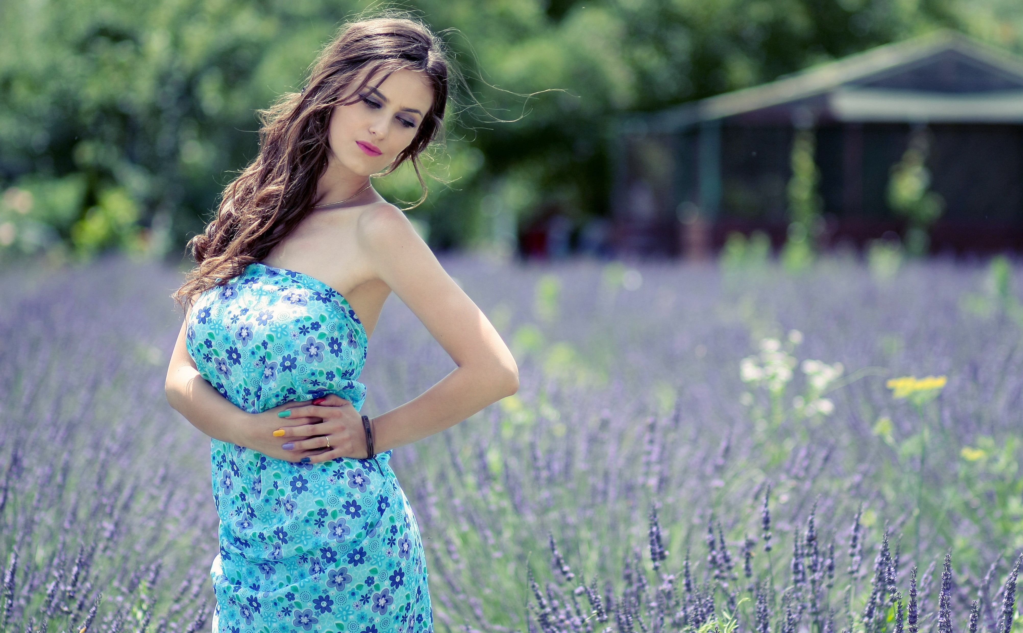 hair, women, one person, sleeveless, beautiful, 4K, focus on foreground, flowers, house, near, lavender, plant, females, hairstyle, standing, flowering plant, HD Wallpaper