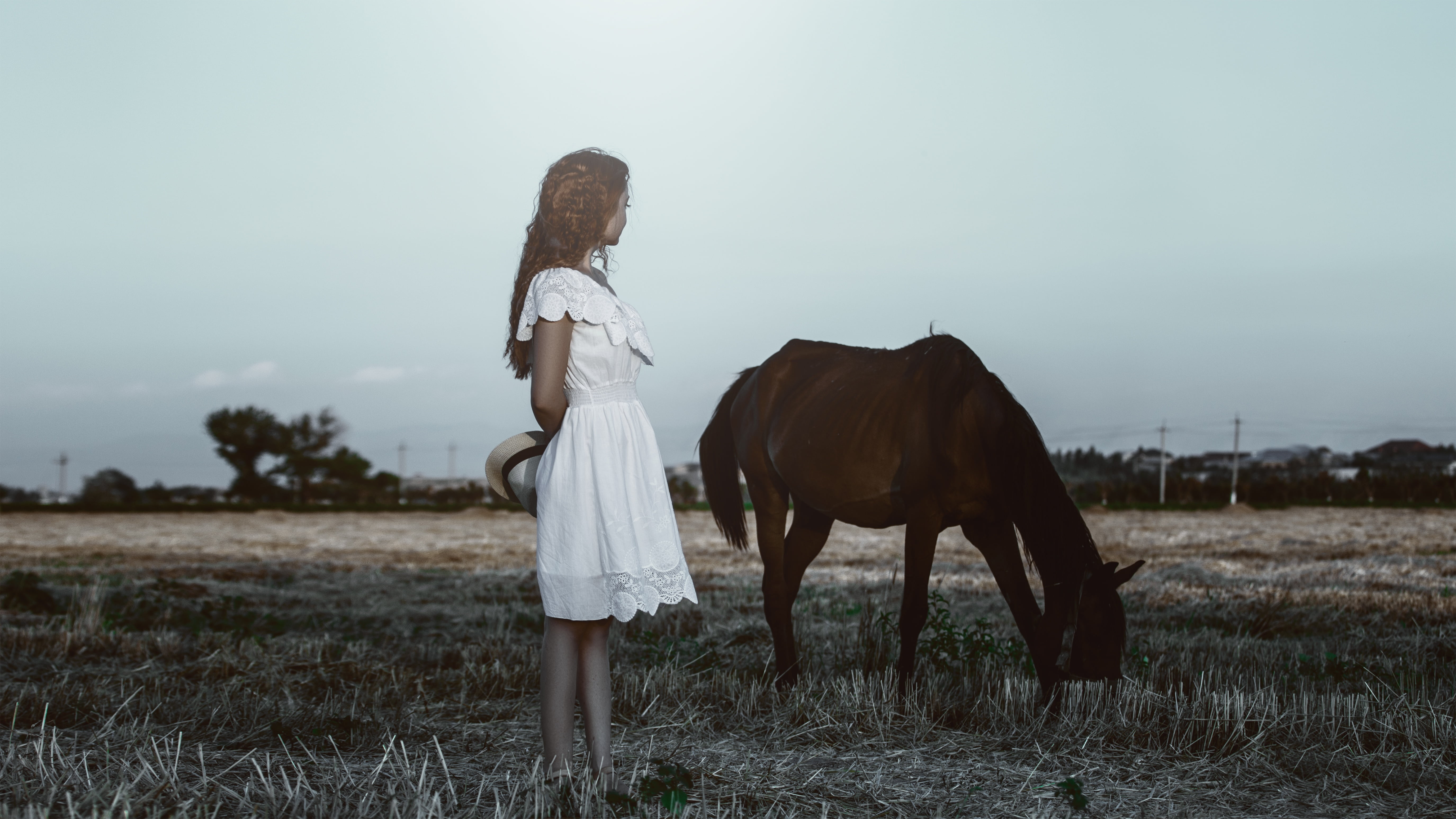 herbivorous, dress, children only, domestic animals, hairstyle, woman, sky, girls, park, standing, mammal, land, vacation, posing, domestic, one person, HD Wallpaper