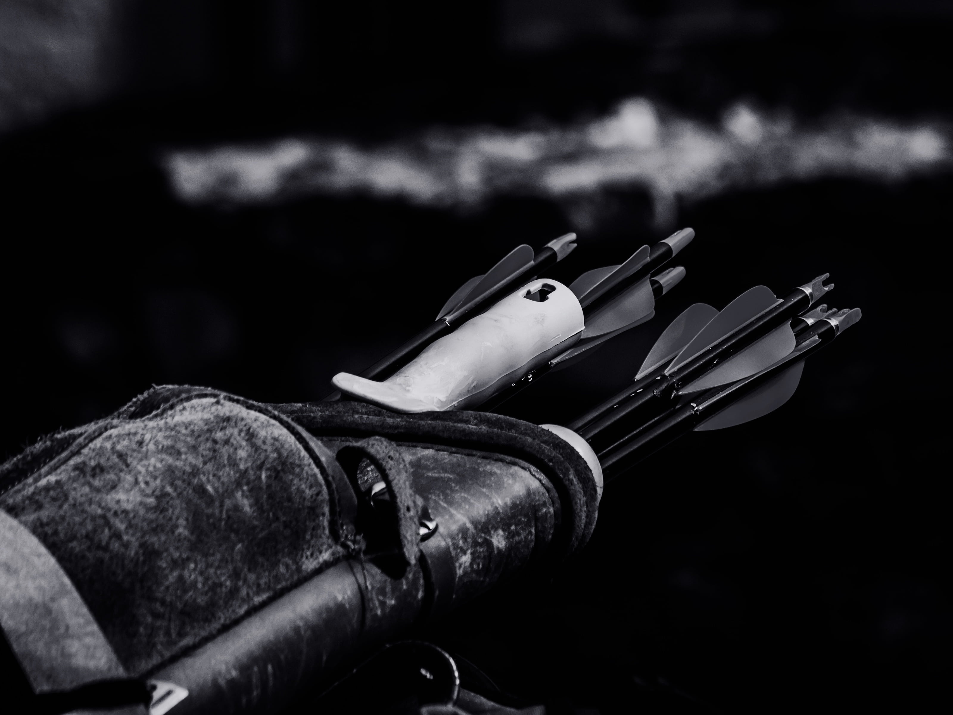 black background, safety, still life, close-up, gun, nature, metal, archery, grayscale, indoors, security, focus on foreground, day, arrows, single object, HD Wallpaper