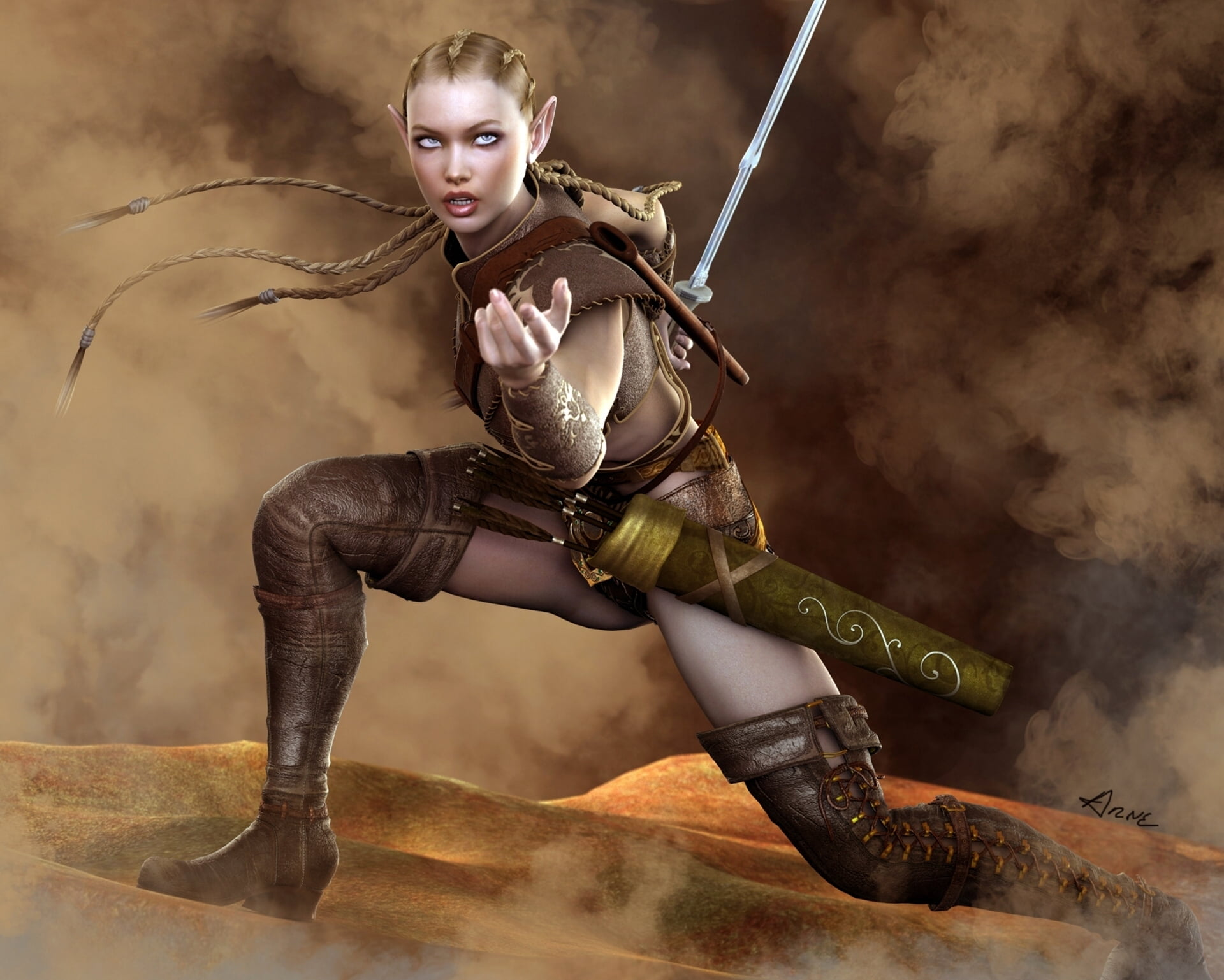beauty, 1080P, elf, motion, Amazon, one person, nature, hairstyle, adult, portrait, beautiful people, fantasy, braids, arrows, clothing, boots, females, HD Wallpaper