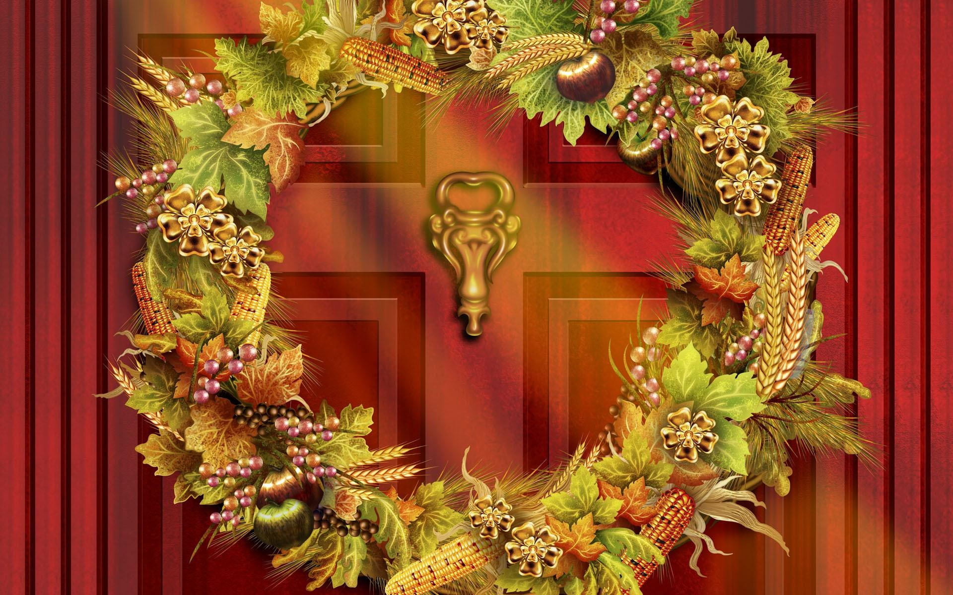 wreath, print, thanksgiving, brown, 1080P, door, holidays, 1920x1200, fruit, green, HD Wallpaper