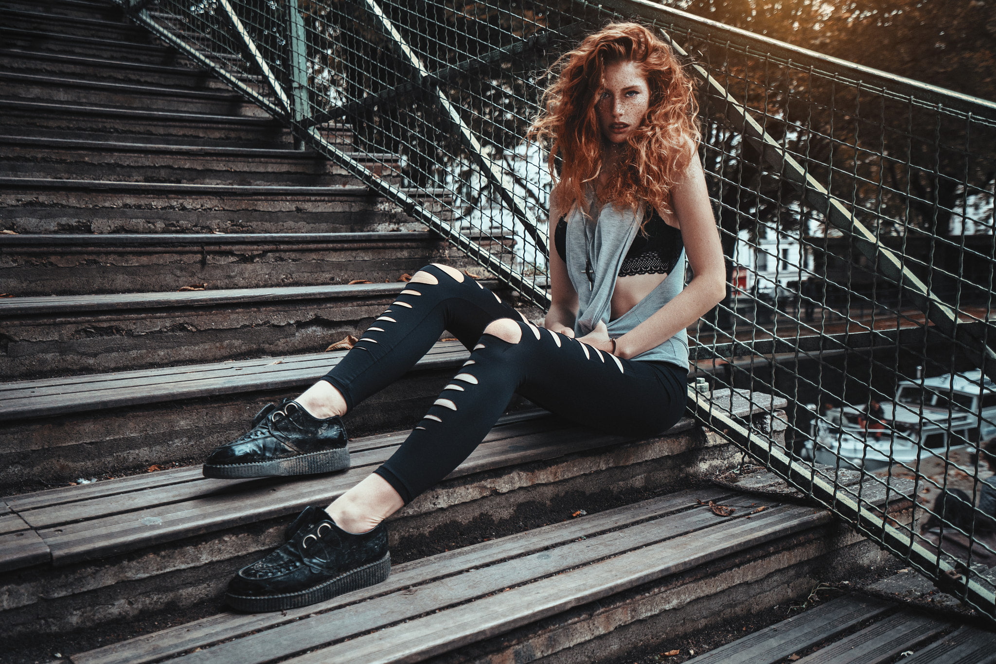 1080P, women outdoors, women, Felix Barjou, redhead, stairs, model, HD Wallpaper