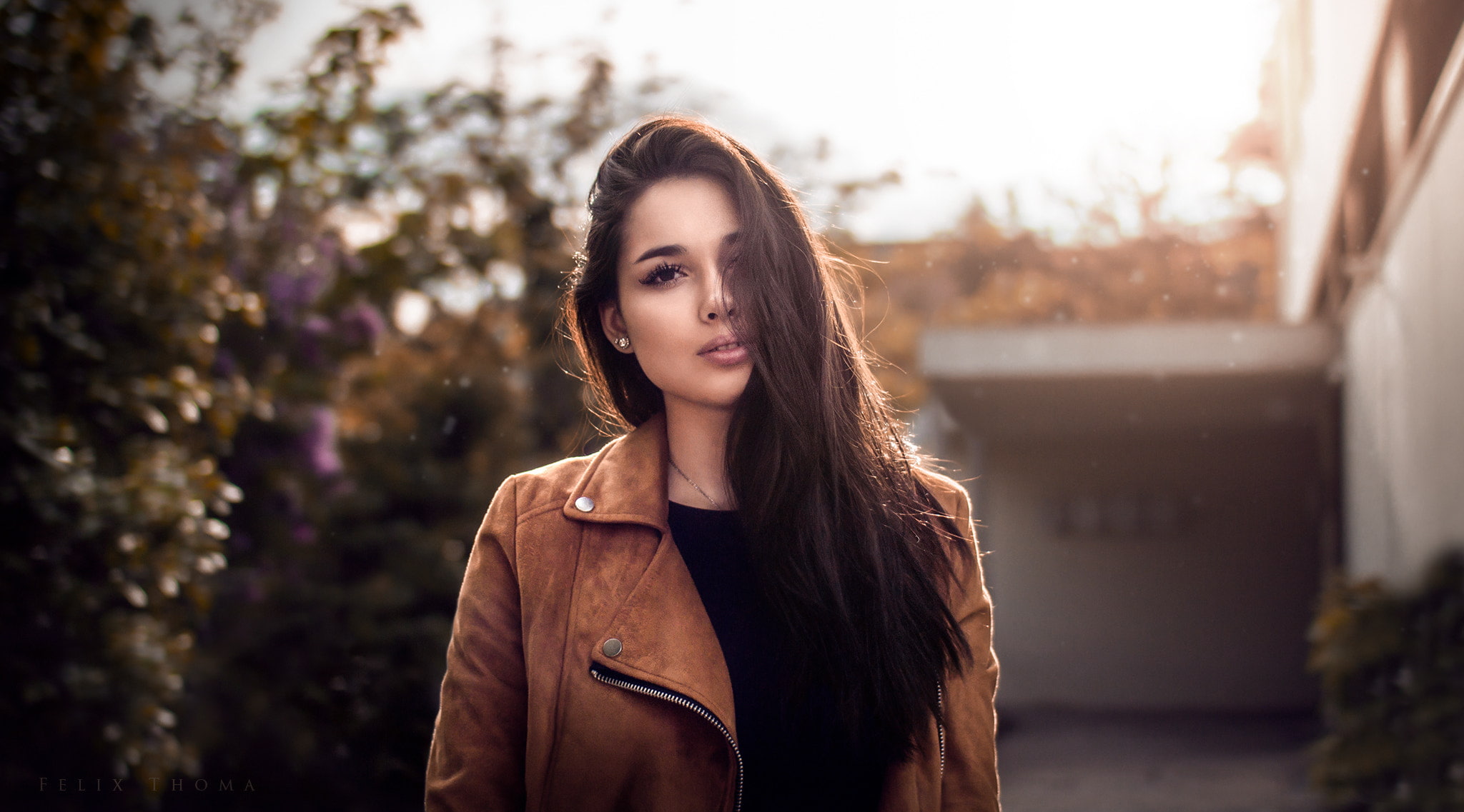 women, leather jackets, Felix Thoma, looking at viewer, depth of field, brown eyes, 1080P, open mouth, brunette, Ariane Vieira, HD Wallpaper