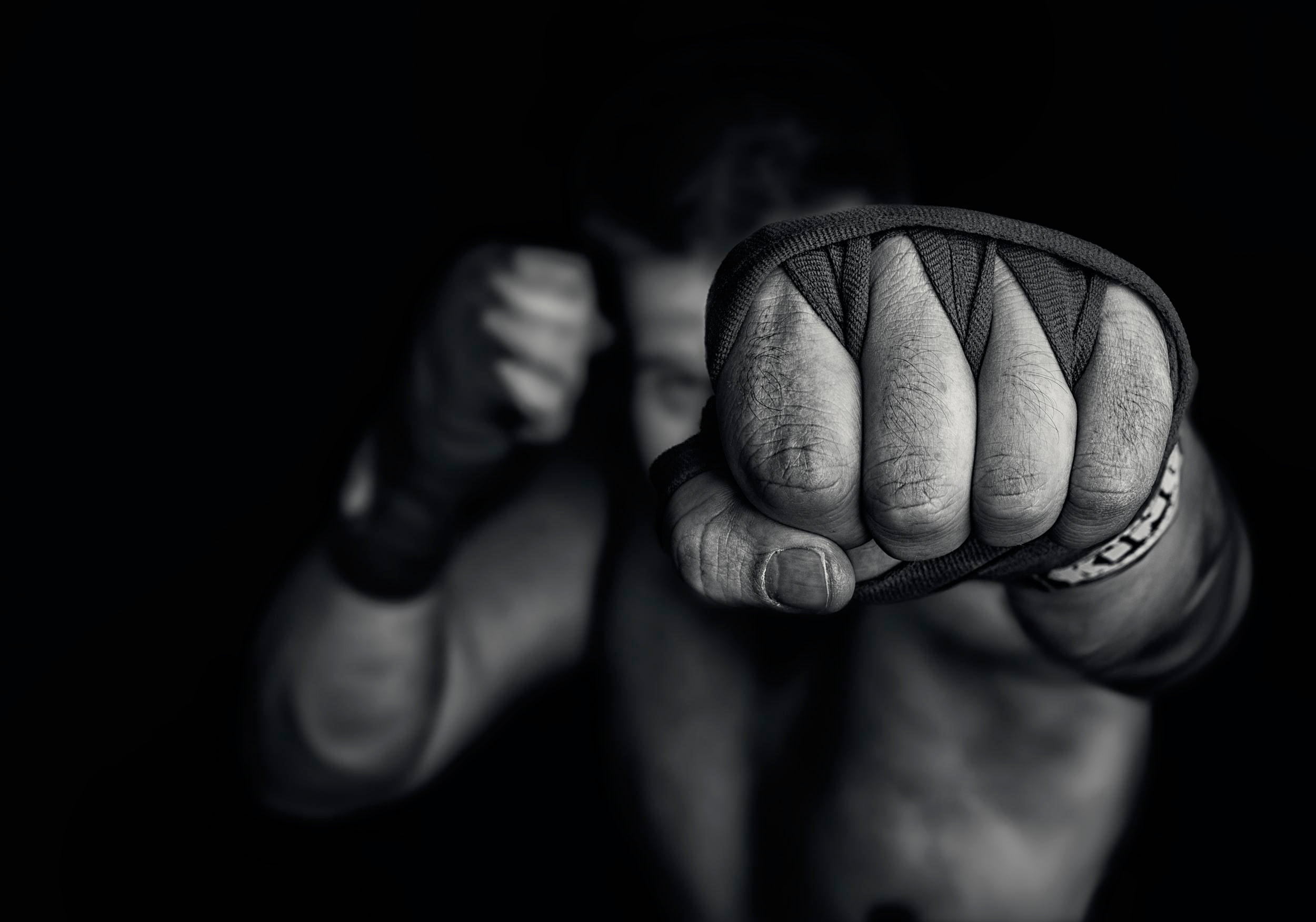 boxing - sport, vitality, hand, fist, one person, black And White, human Hand, dark, conflict, adult, close-up, body part, studio shot, 1080P, thumb, blow, HD Wallpaper
