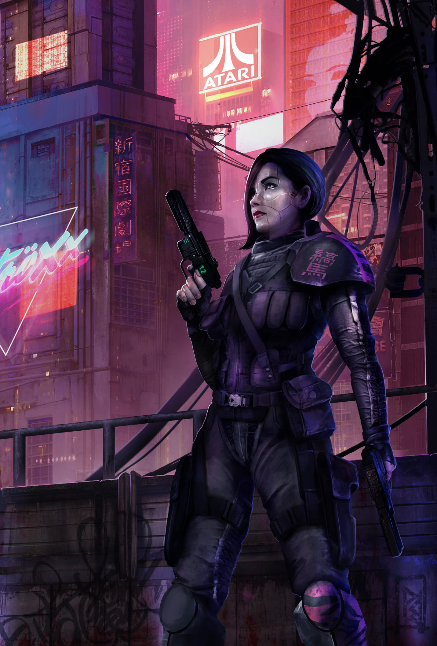 gun, 1080P, logo, city, girls with guns, futuristic, science fiction women, dark hair, science fiction, artwork, weapon, standing, Atari, Phone HD Wallpaper