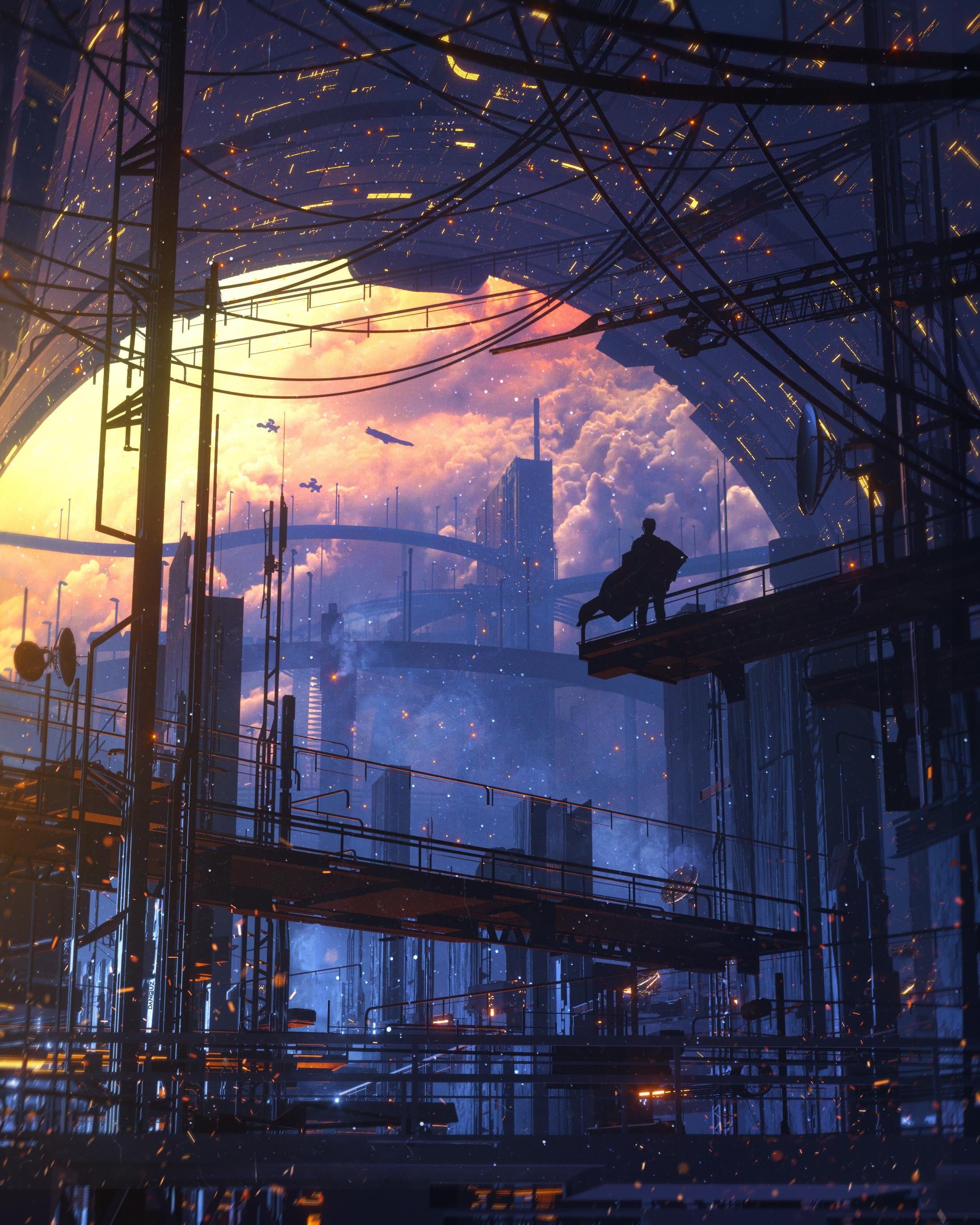 artwork, cyber city, cyberpunk, 2K, digital art, Phone HD Wallpaper