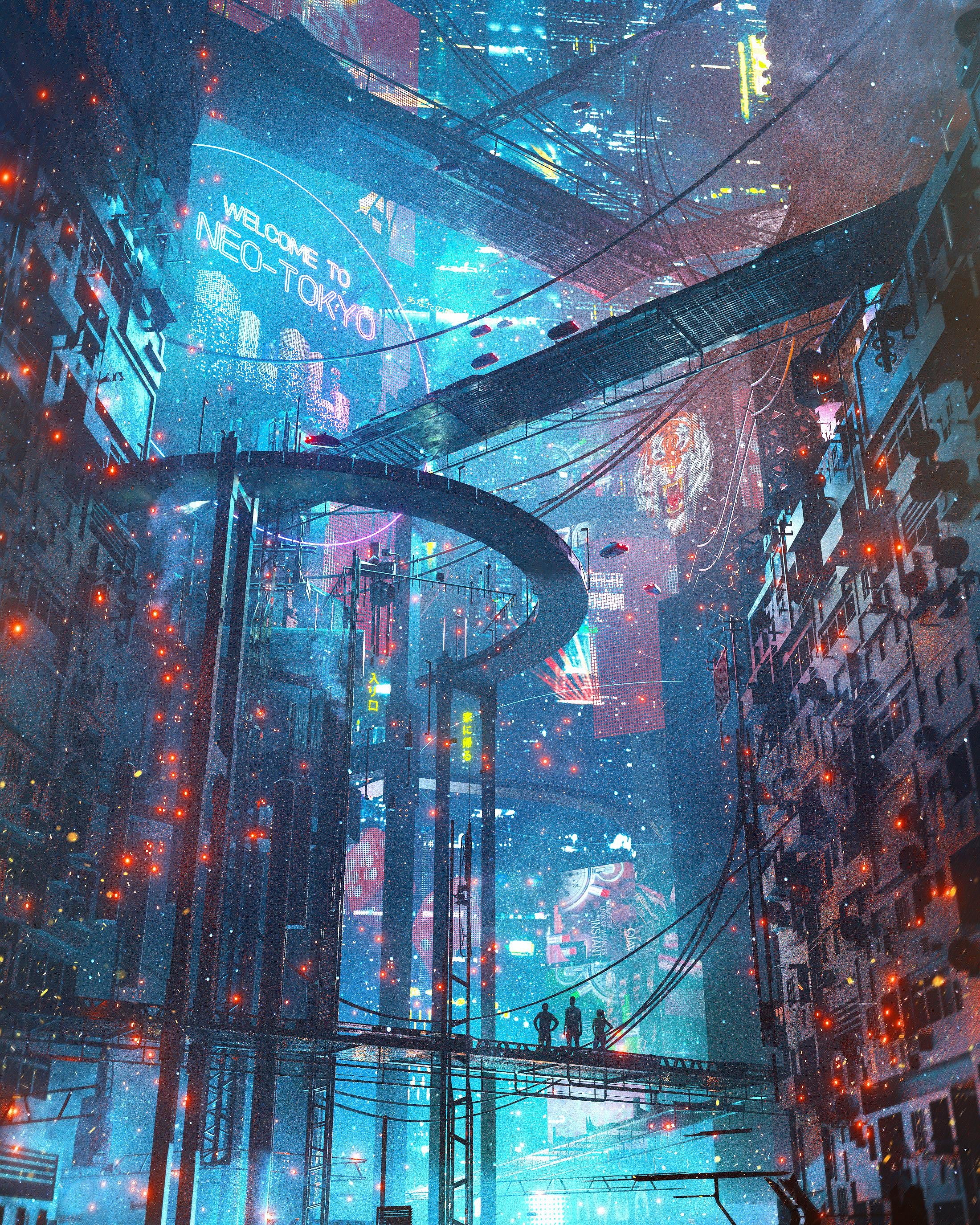 cyber city, digital art, cyberpunk, artwork, 2K, Phone HD Wallpaper