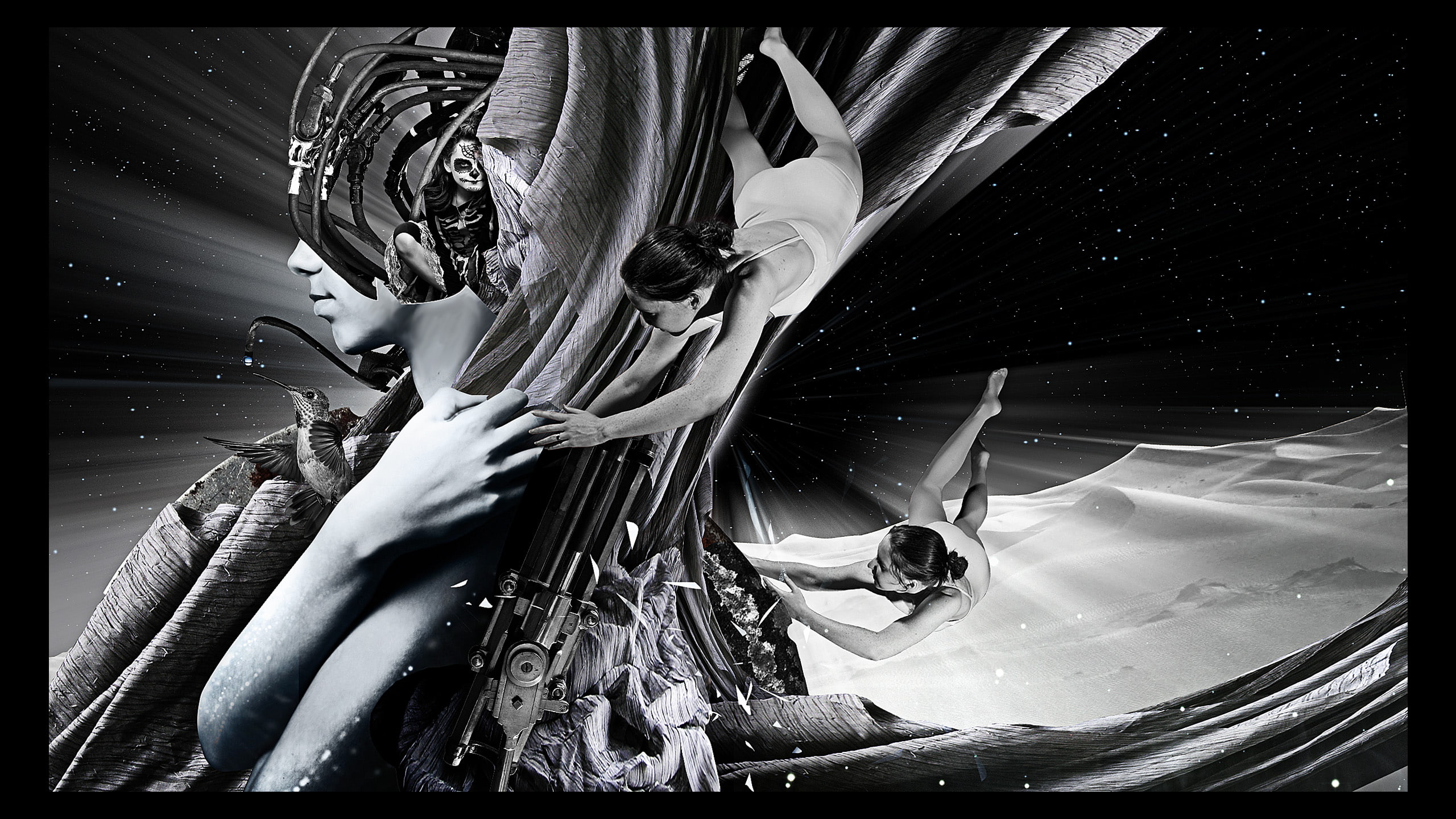 face, landscapes, art, sci, science, tech, 2K, swimwear, robot, women, stars, digital, manip, cyborg, psychedelic, space, outer, mech, abstract, HD Wallpaper
