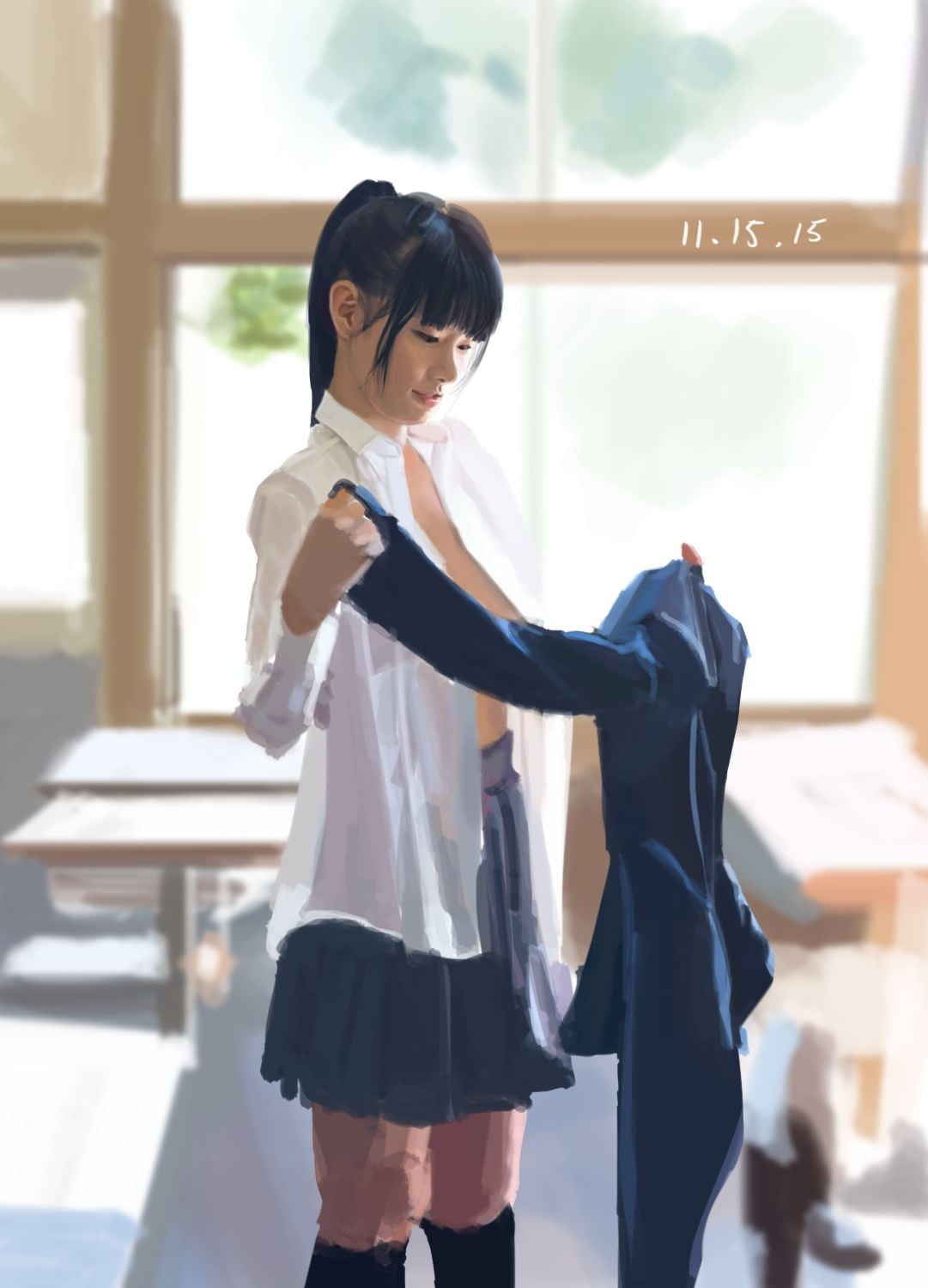 Japanese, school uniform, uniform, s, black hair, one person, standing, window, 2D, hairstyle, dress, day, white, sunlight, focus on foreground, clothing, Phone HD Wallpaper