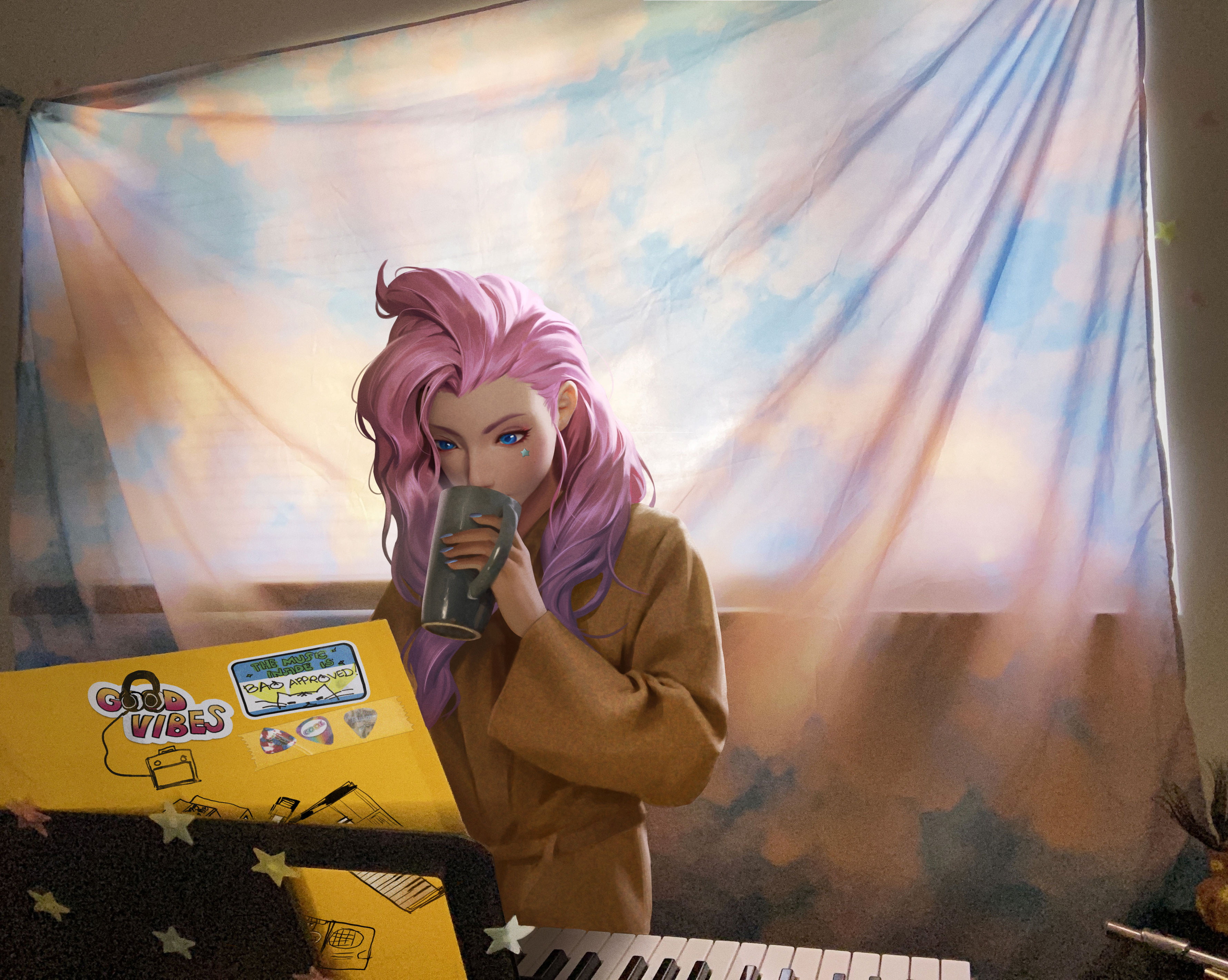 blue eyes, ArtStation, coffee cup, fan art, pink hair, digital art, artwork, piano, 2K, anime girls, Kudos Productions, women, digital painting, young, HD Wallpaper