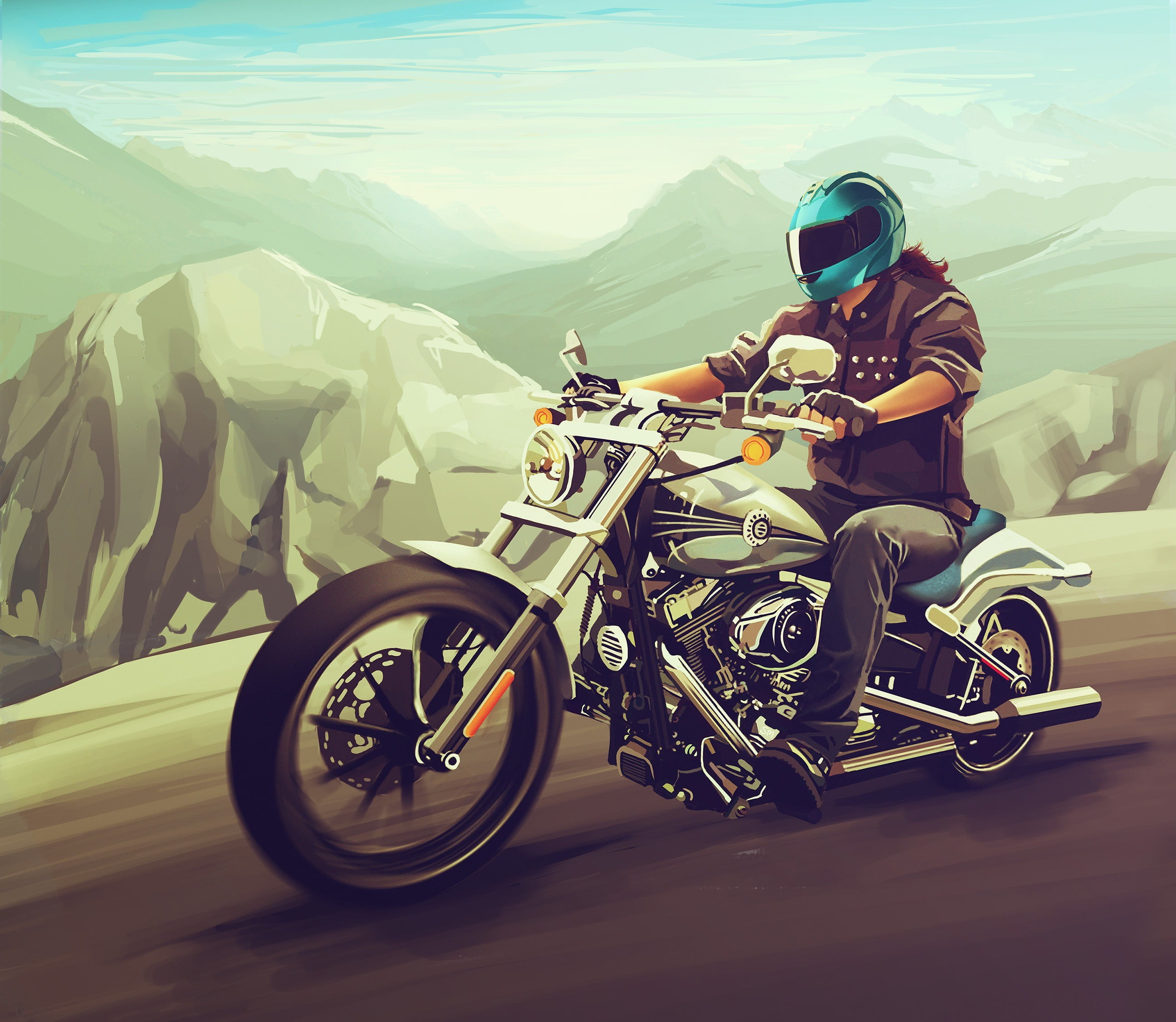 lifestyles, harley davidson, ride, leisure activity, mountain, men, digital art, 2K, day, riding, sports helmet, artist, sport, motorcycle, headwear, crash helmet, HD Wallpaper
