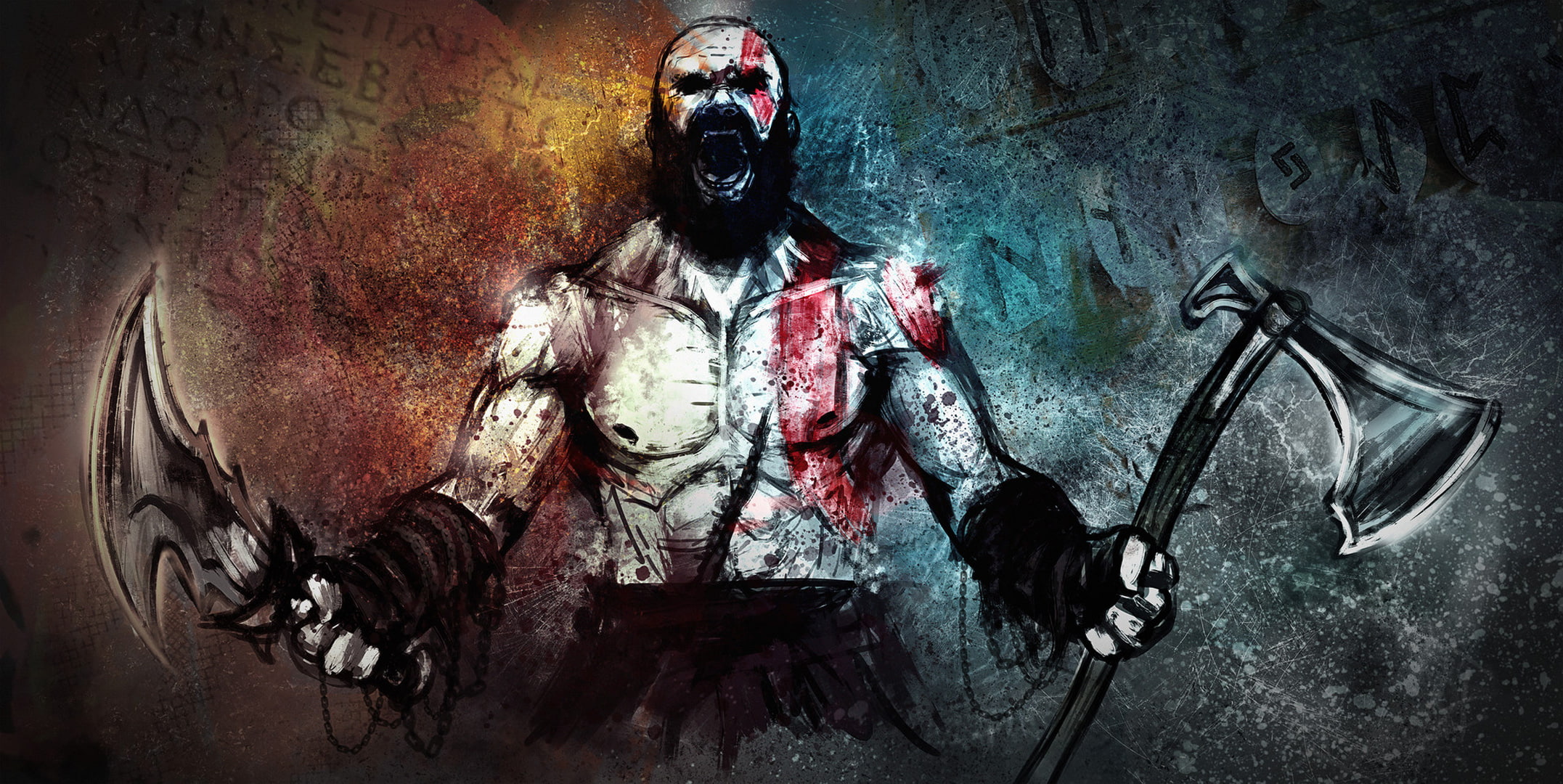 textured effect, architecture, creativity, games, artist, portrait, hairstyle, technology, one person, front view, god of war, 1080P, activity, kratos, HD Wallpaper
