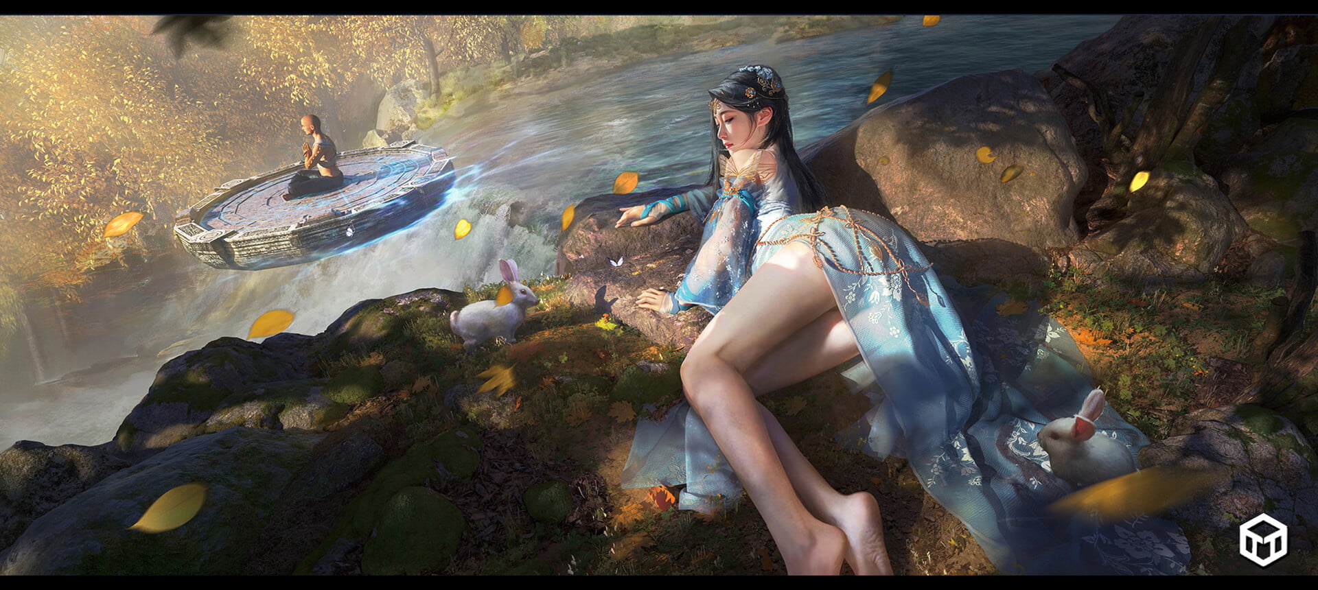 barefoot, rabbits, nature, artwork, Asian, fantasy girl, ArtStation, legs, 1080P, fantasy art, HD Wallpaper