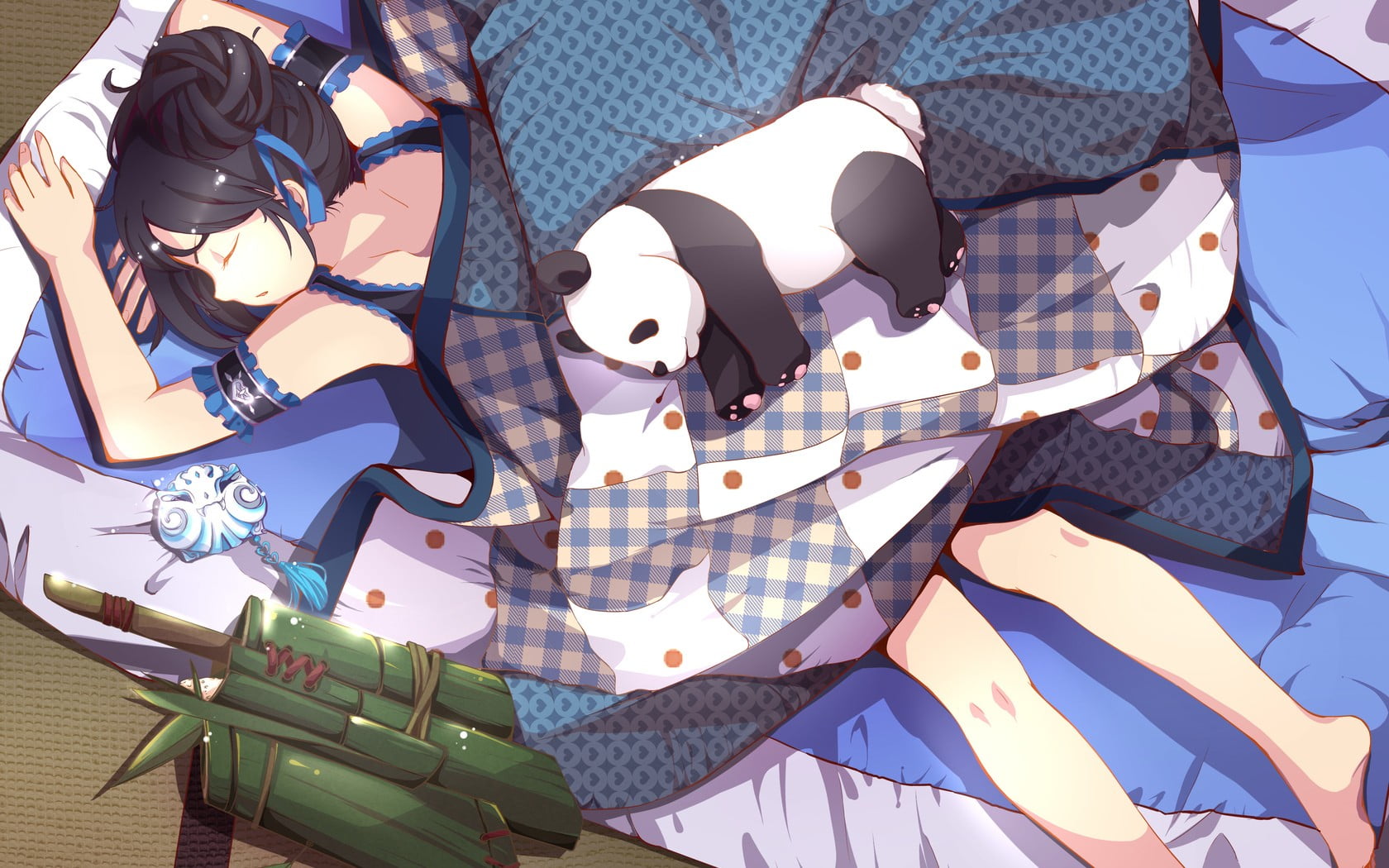 disguise, anime, mask, outdoors, sunlight, ribbon, anime girls, panda, blue, toy, day, representation, nature, bamboo, ball, clothing, sleeping, shadow, HD Wallpaper