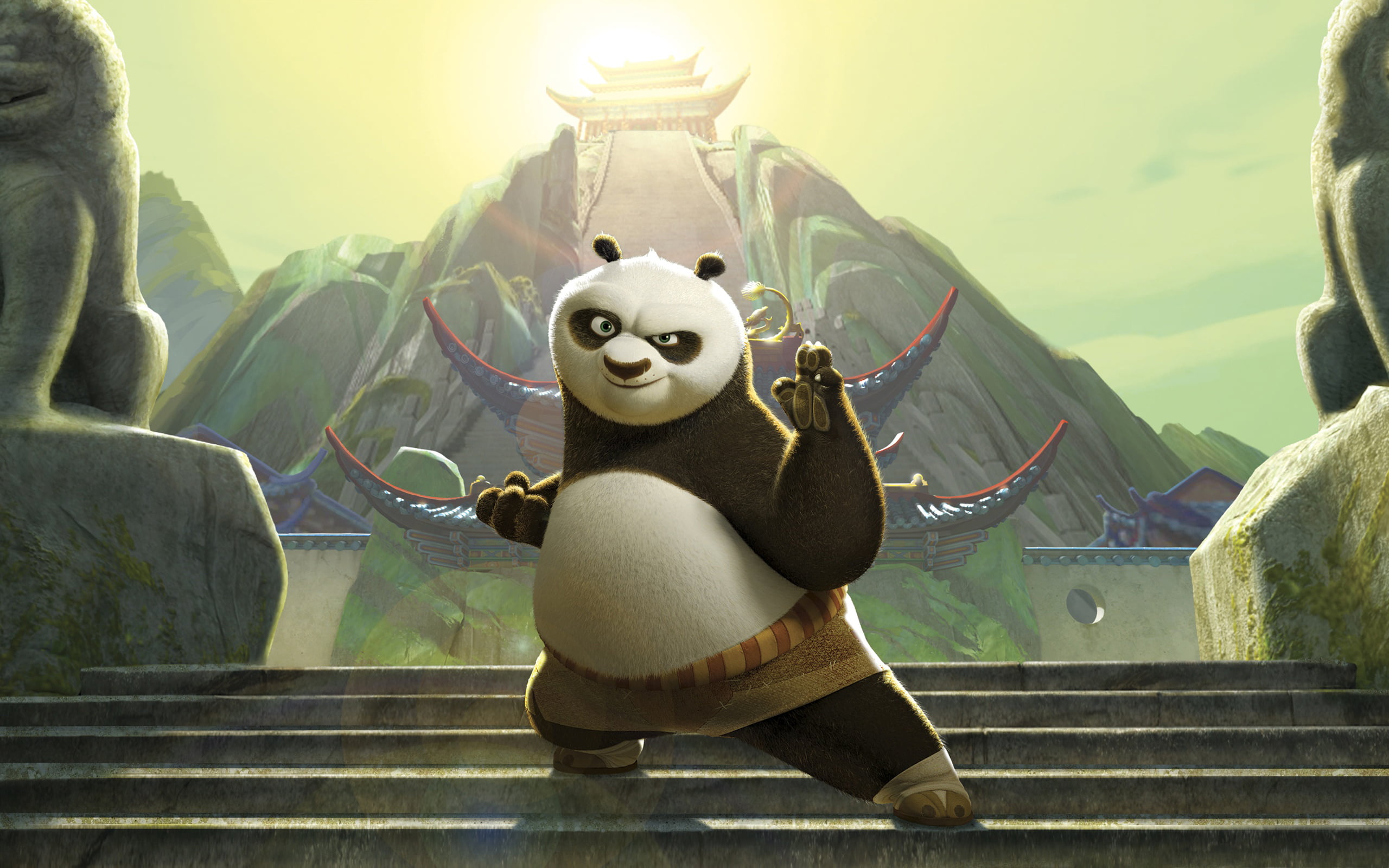 panda, outdoors, china - East Asia, buddhism, human representation, kung, religion, sculpture, art and craft, the kung fu Panda 2, toy, mountain, bench, HD Wallpaper