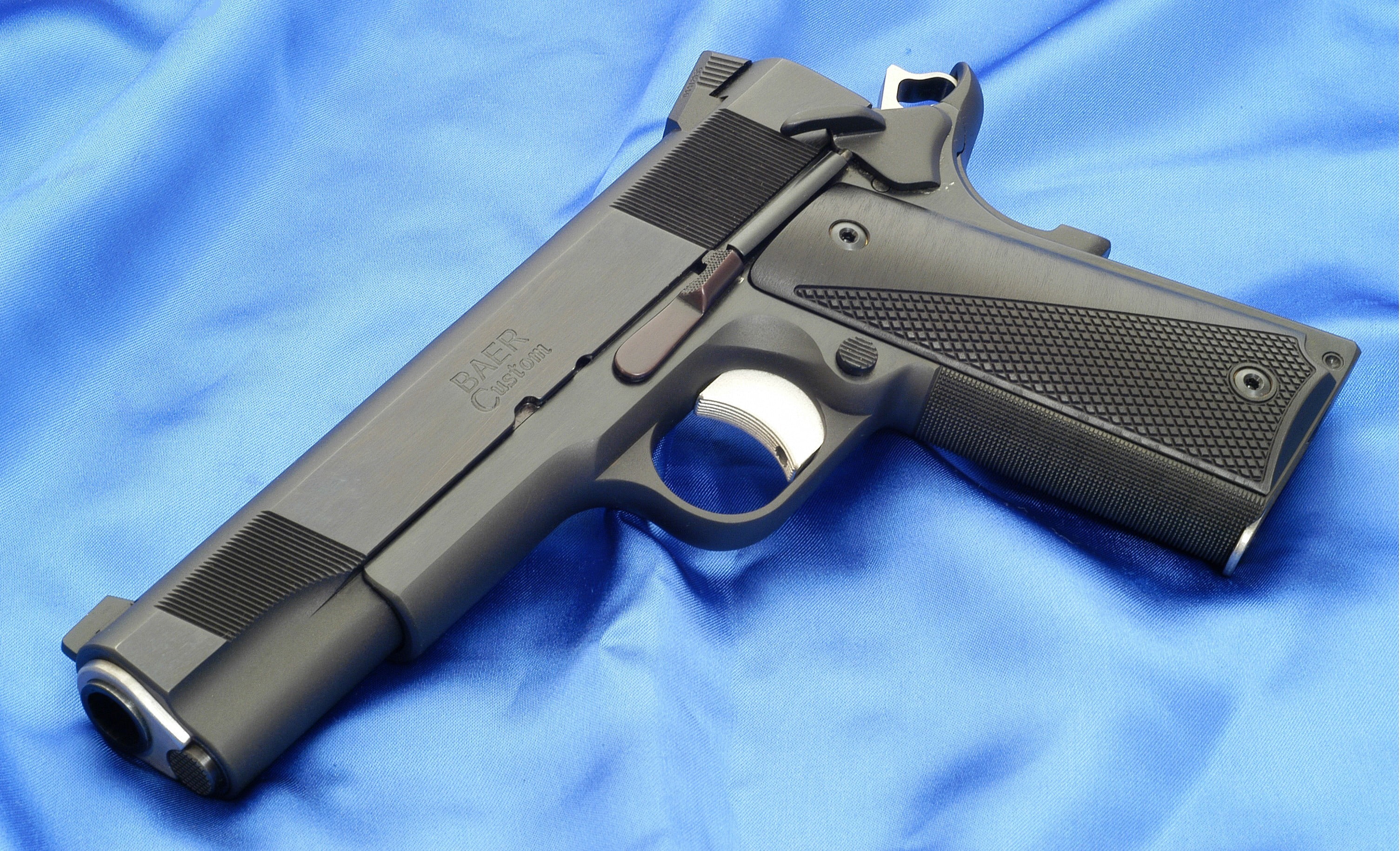 silver colored, technology, semi-Automatic Pistol, war, M1911 pistol, police Force, Black, communication, weapon, automatic, blue, Baer Custom, violence, HD Wallpaper