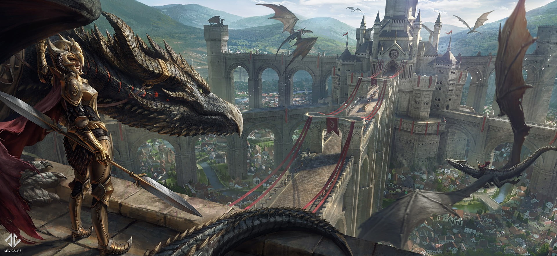 1080P, dragon, warrior, fantasy art, HD Wallpaper