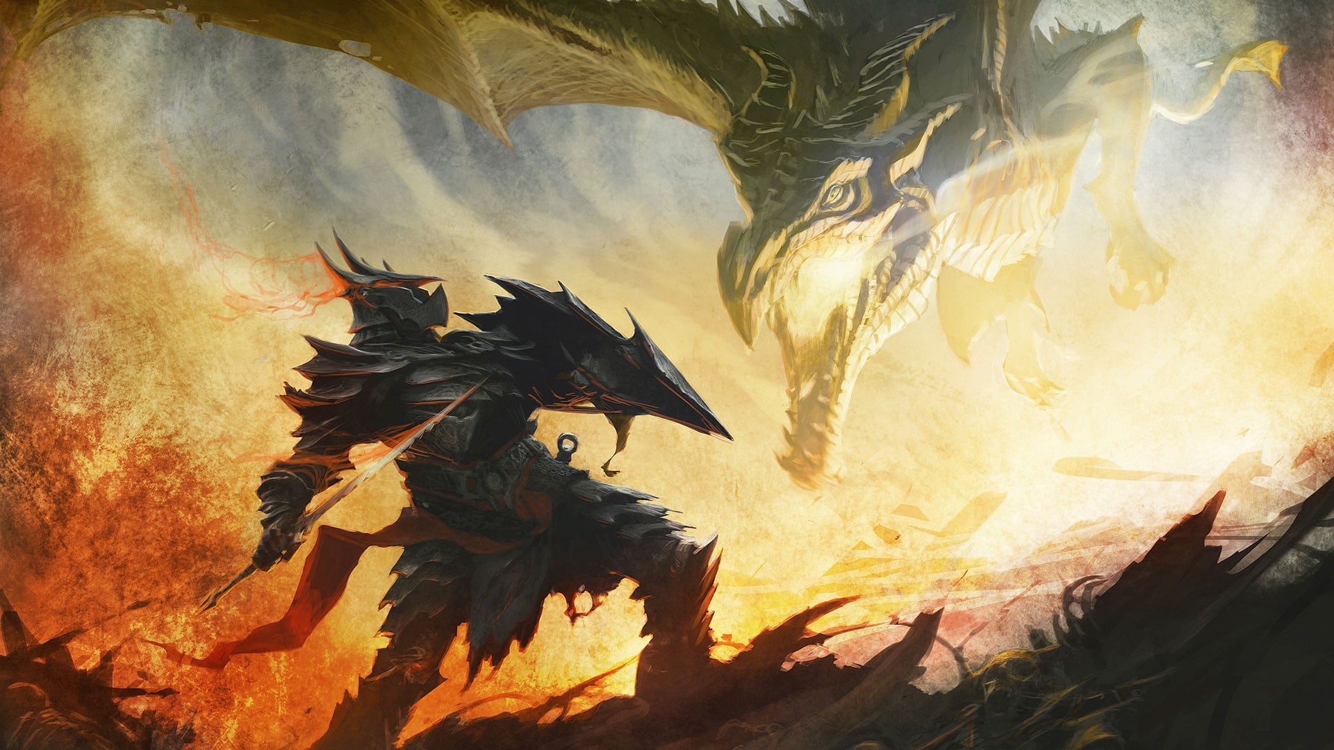 yellow, animal themes, sunlight, no people, warrior, low angle view, 1080P, dragon, video games, one animal, flying, nature, sunset, spread wings, animal wildlife, HD Wallpaper