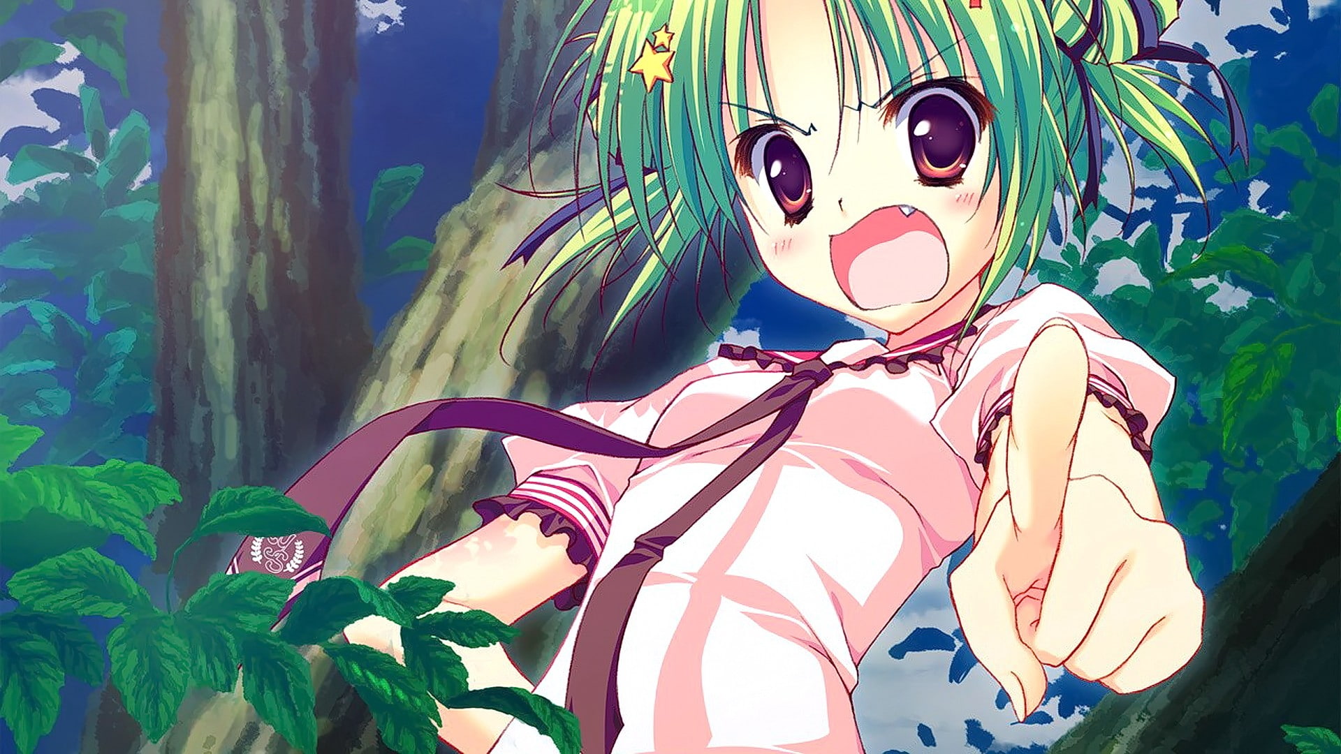 1080P, anime girls, green hair, Hoshizora e Kakaru Hashi, short hair, Toudou Koyori, anime, red eyes, HD Wallpaper
