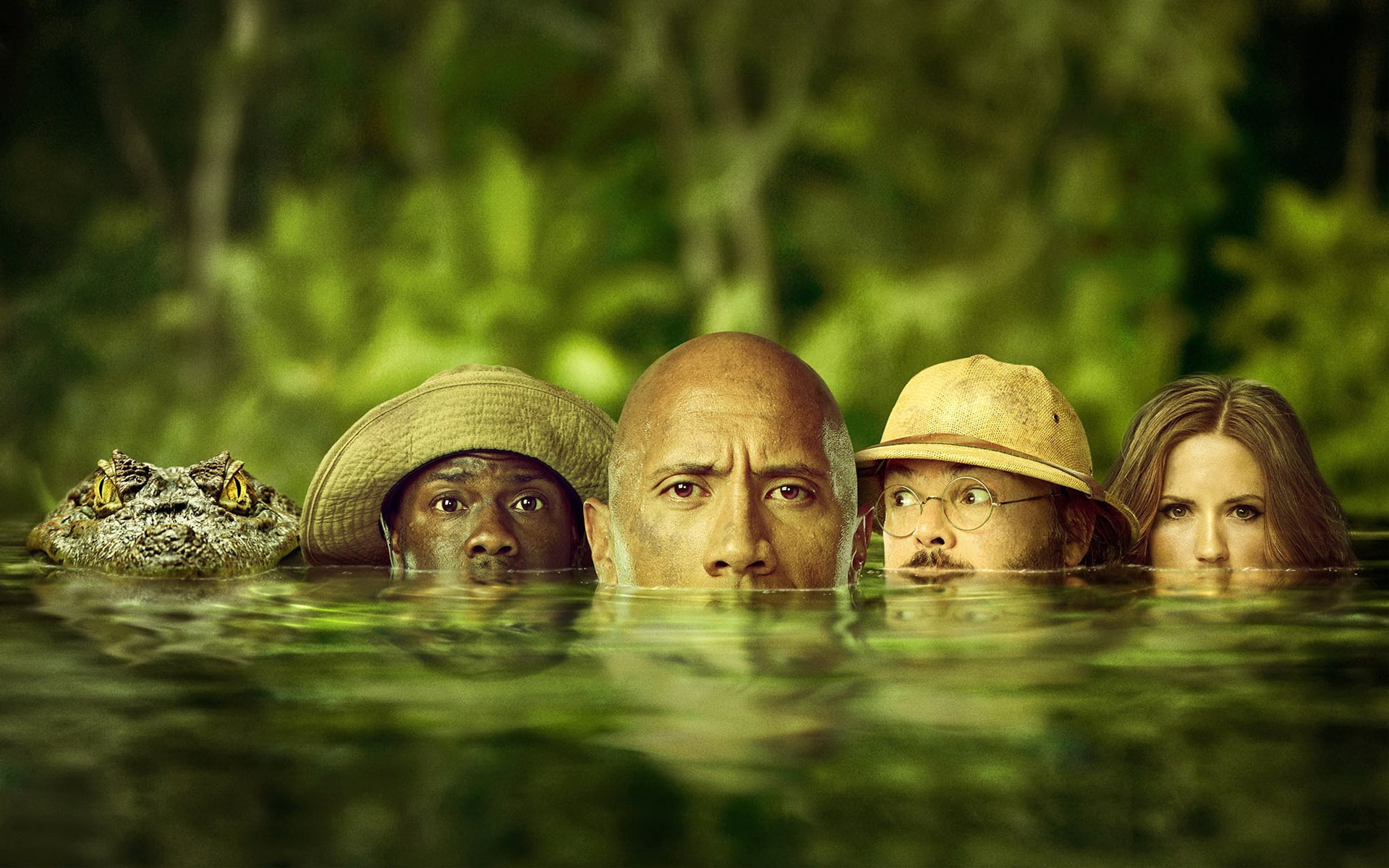 jungle, poster, Kevin HART, crocodile, Jumanji: Welcome to the Jungle, Jumanji: the jungle, Jack Black, fantasy, adventure, water, Karen Gillan, 1080P, HD Wallpaper