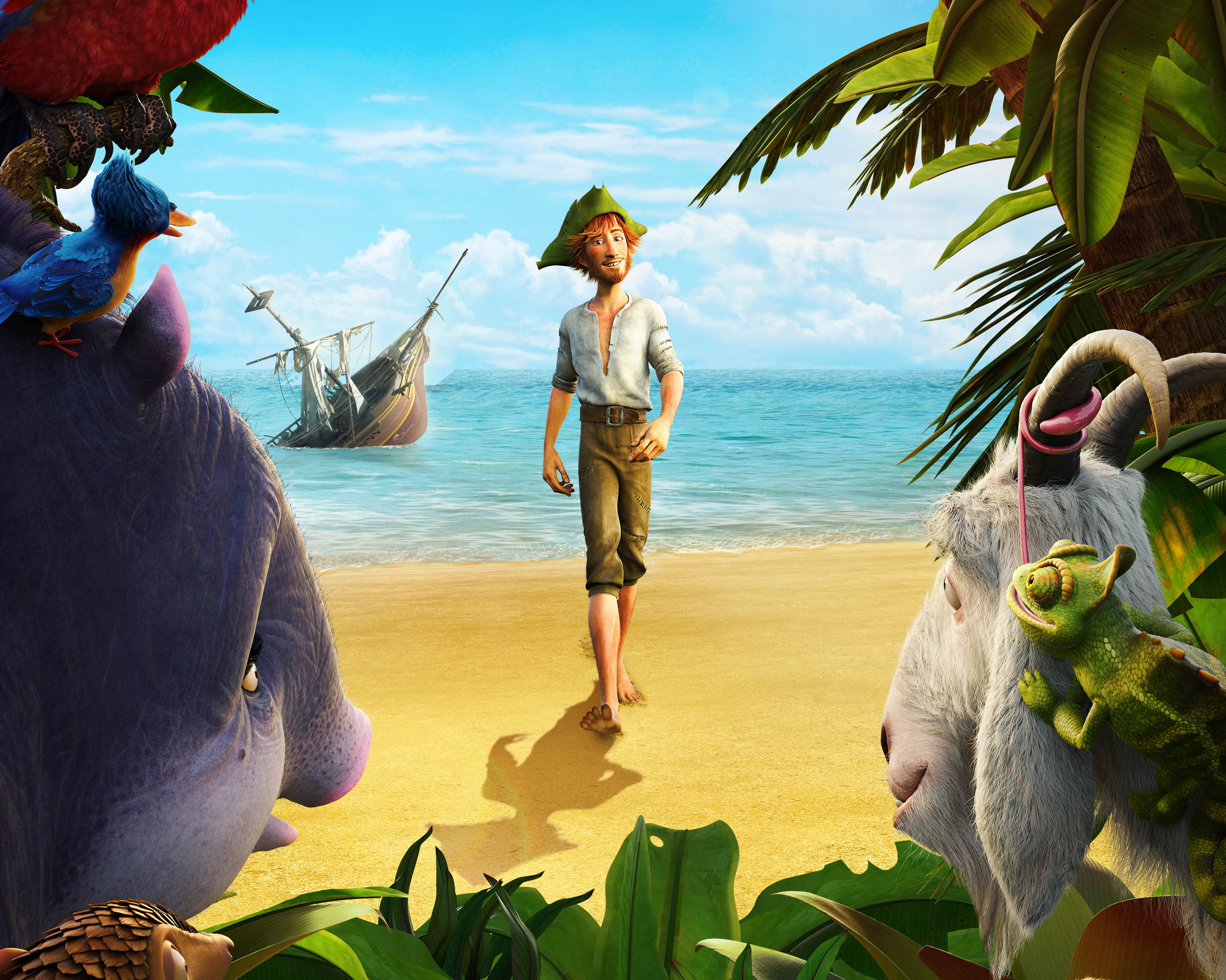 Lizard, Sky, Sunken, 4K, Movie, Animation, Matthias Schweighofer, Ship, Sunny Day, Boy, Boar, Crusoe, Clouds, Chameleon, Parrots, Sea, STUDIOCANAL, Goat, HD Wallpaper