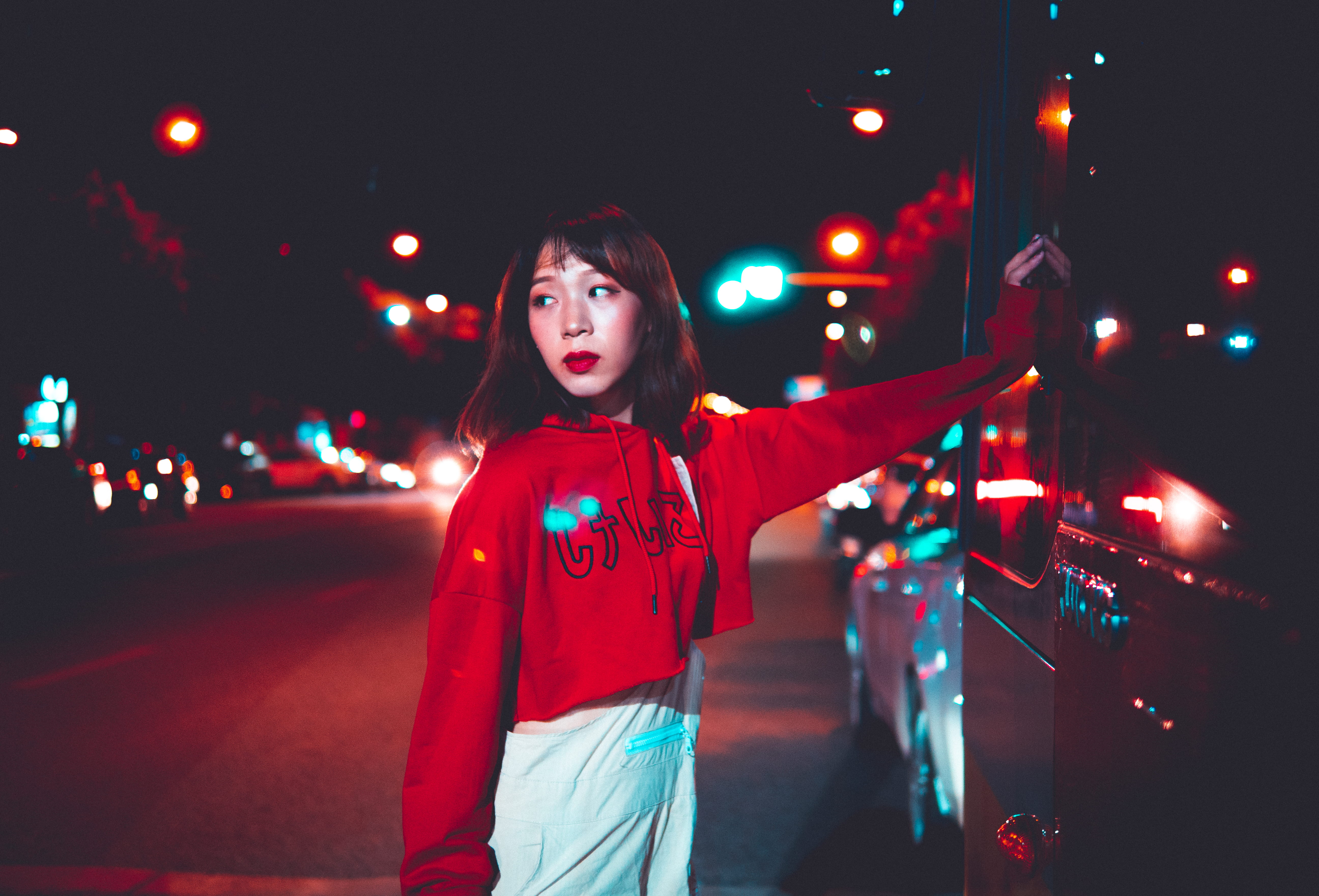 night, asian, city, face, girl, lighting, three quarter length, hair, urban, architecture, women, hairstyle, red, portrait, person, human, girls, model, HD Wallpaper