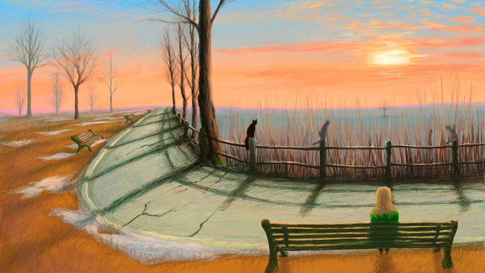 sitting, nature, water, relaxation, sky, orange color, painting, artwork, 720P, bare tree, road, plant, tranquil scene, railing, scenics - nature, one person, HD Wallpaper