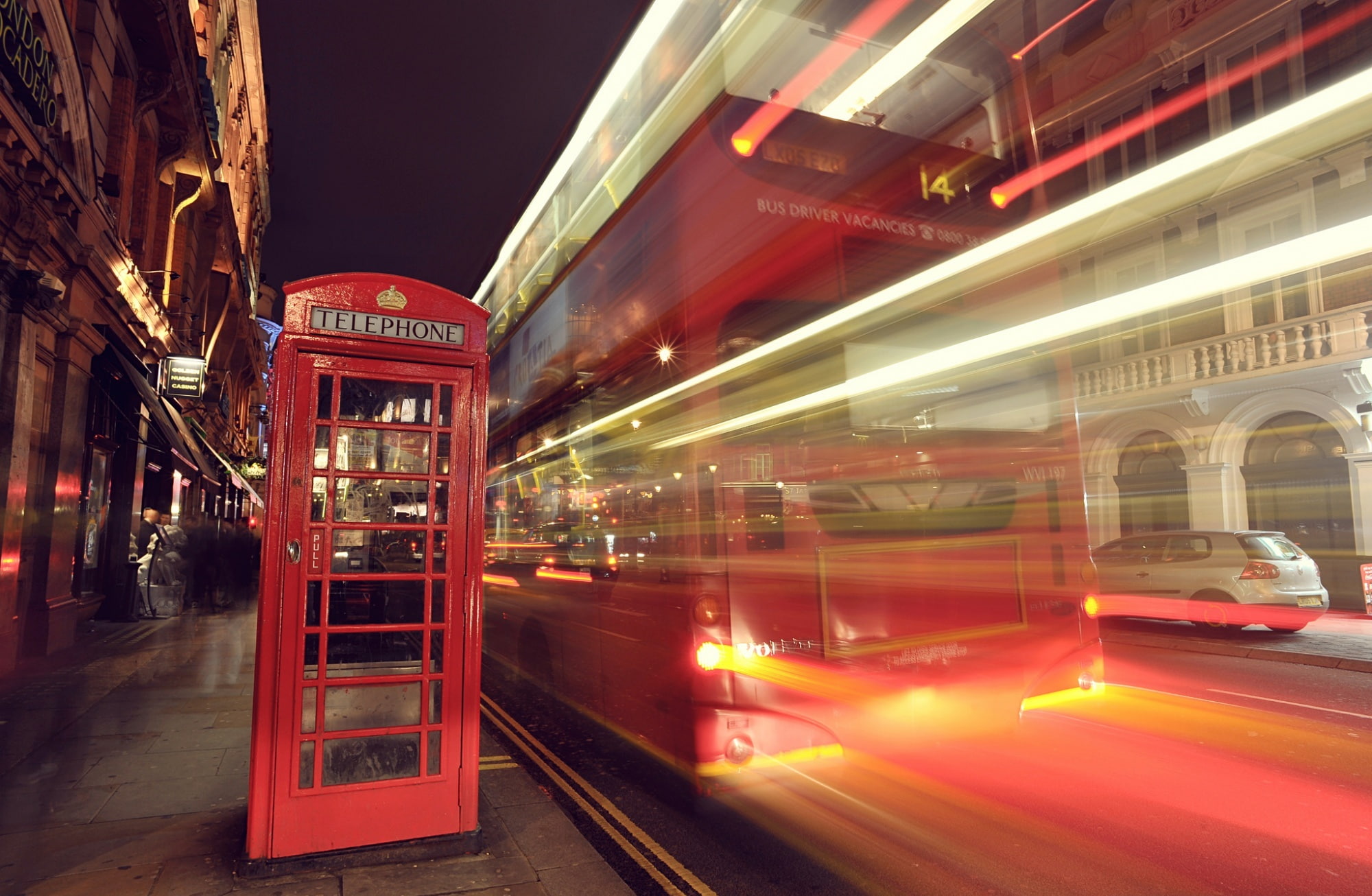 on the move, motion, bus, City, mode of transportation, phone, 1080P, blurred motion, double-decker bus, illuminated, speed, red telephone box, booth, HD Wallpaper