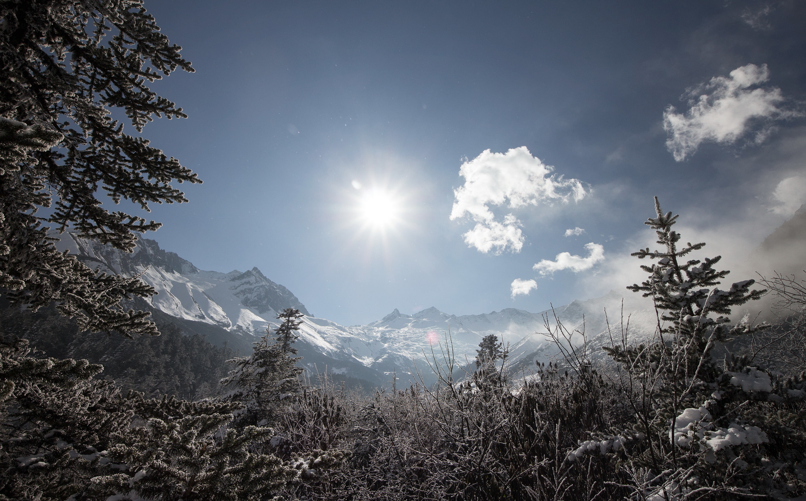 snow, 2K, mountains, the sun, Sichuan province, China, HD Wallpaper