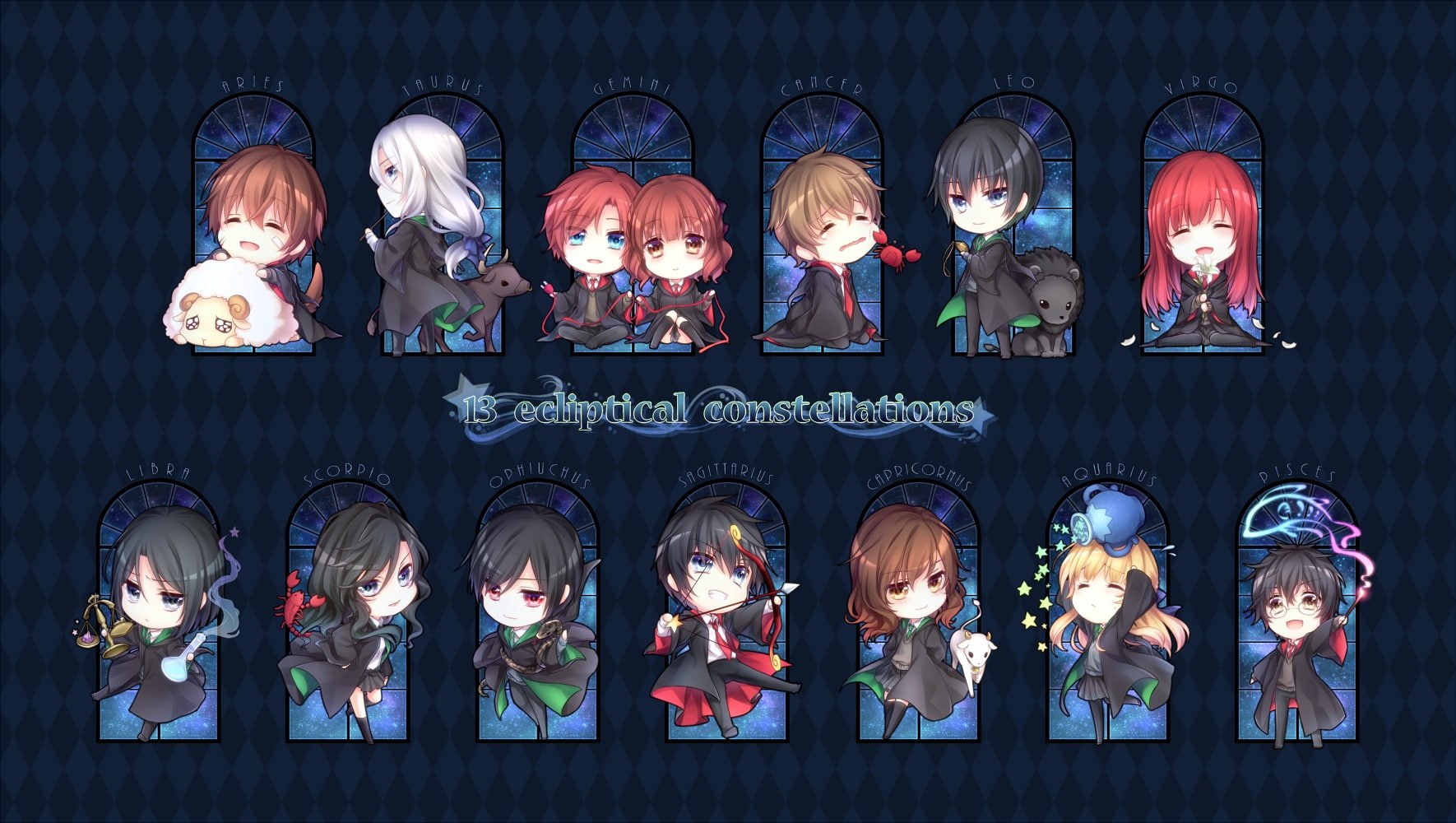 red, flowers, ribbons, weapon, gray, blue, evans, 720P, eyes, zodiac, tears, harry, hair, animal, chibi, stars, long, petals, potter, group, glasses, seifuku, HD Wallpaper